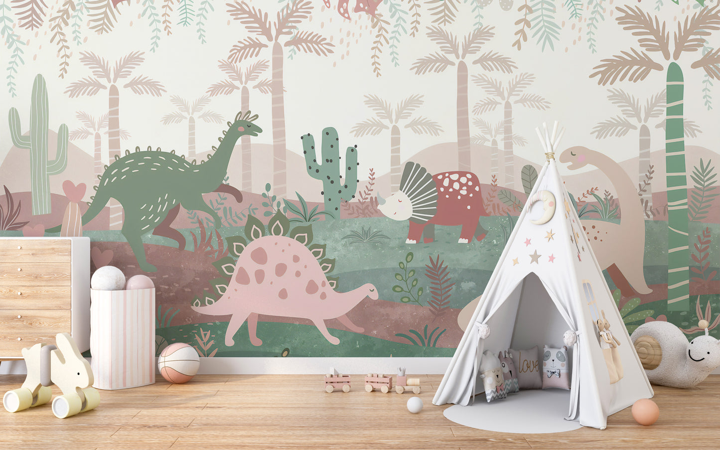 Whimsical pastel dinosaur mural 