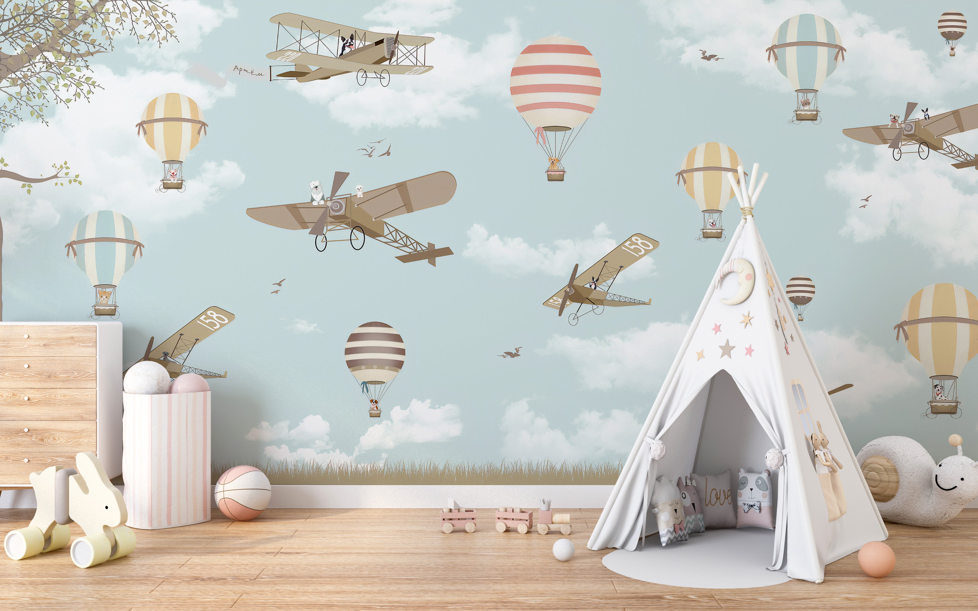 Airplane and hot air balloon mural design