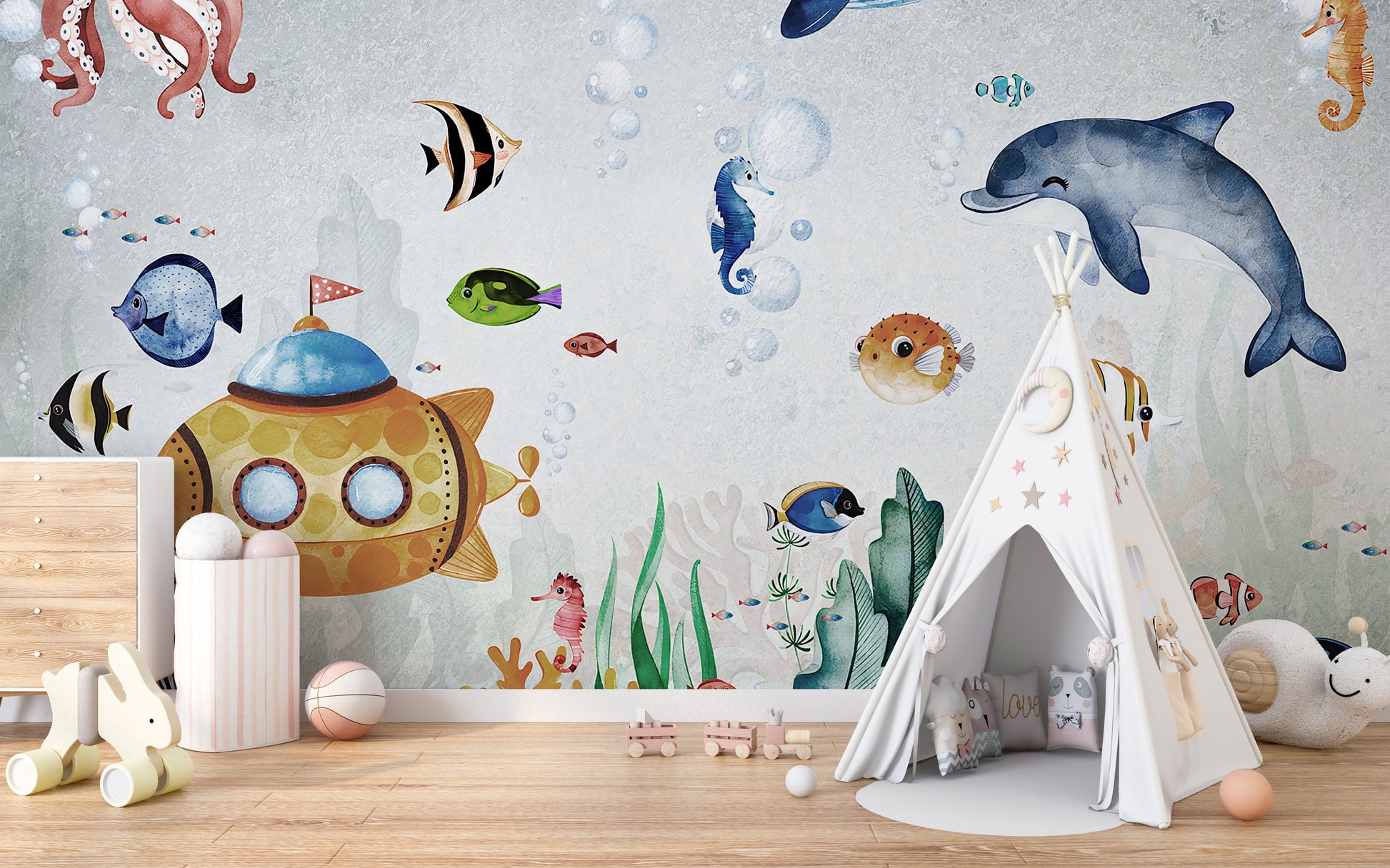 Fish-themed underwater wallpaper for walls