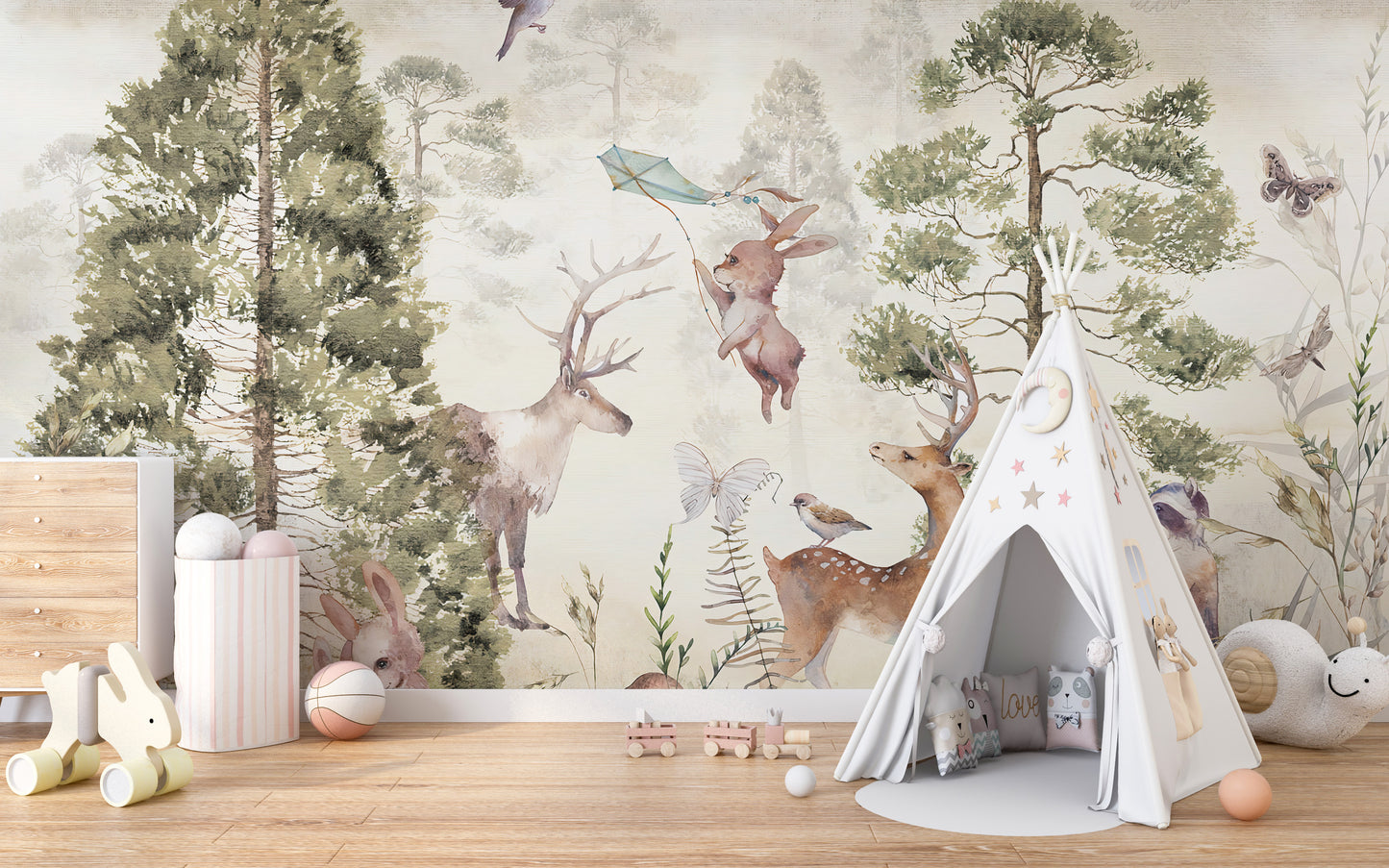 Peaceful wildlife mural in soothing tones