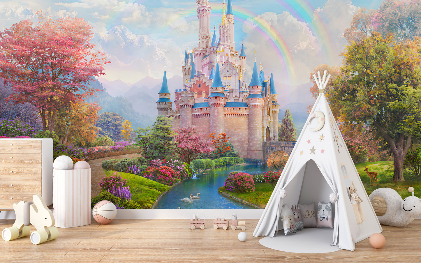 Girls bedroom wallpaper with princess castle
