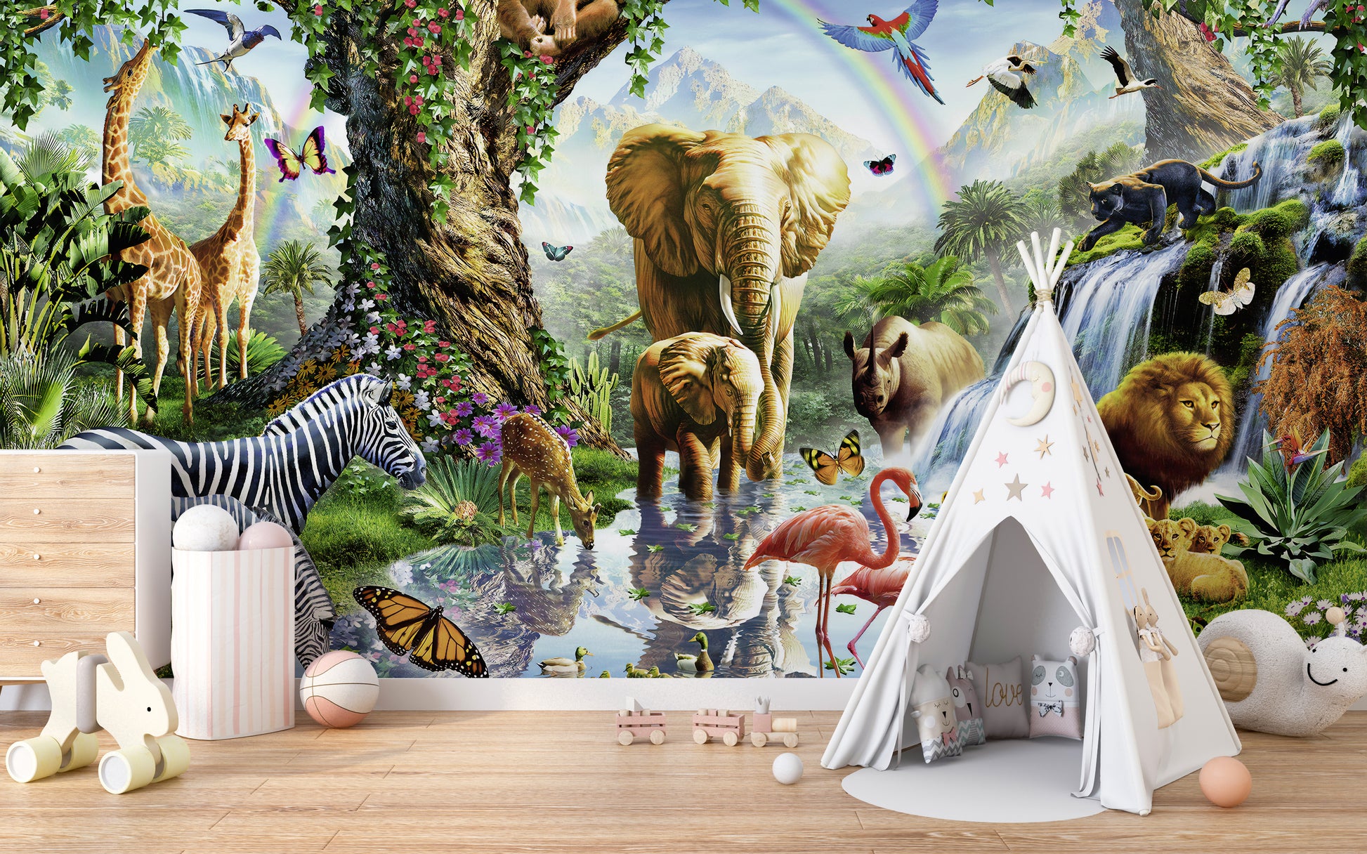 Vibrant jungle animals 3D wall mural design
