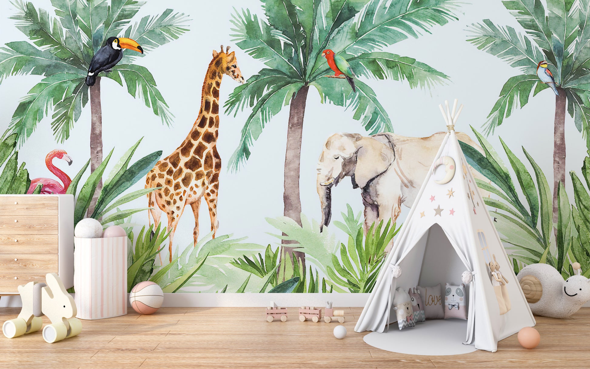 Playful watercolor animal mural for children
