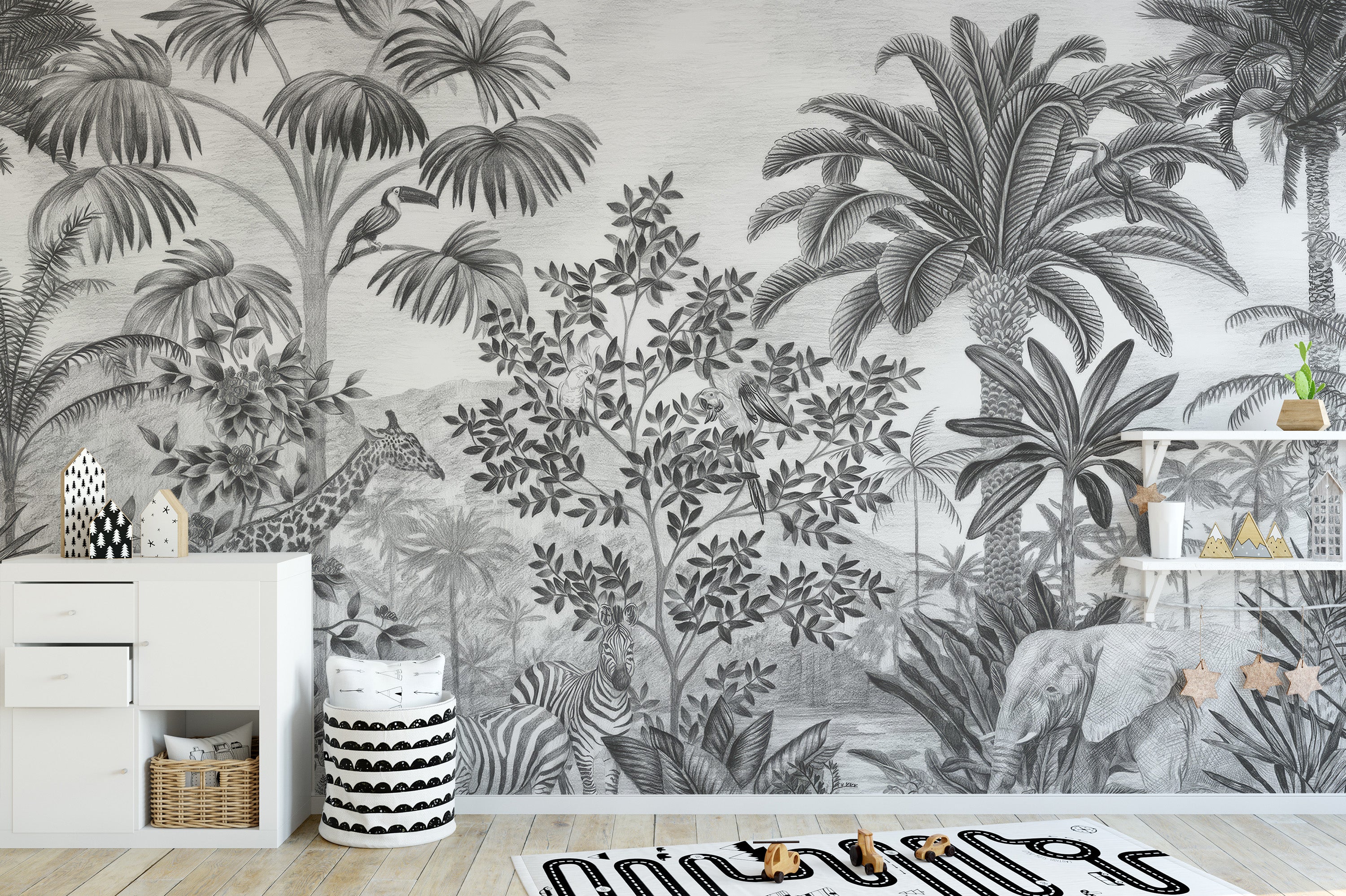 Stylish tropical safari wallpaper in monochrome tones
