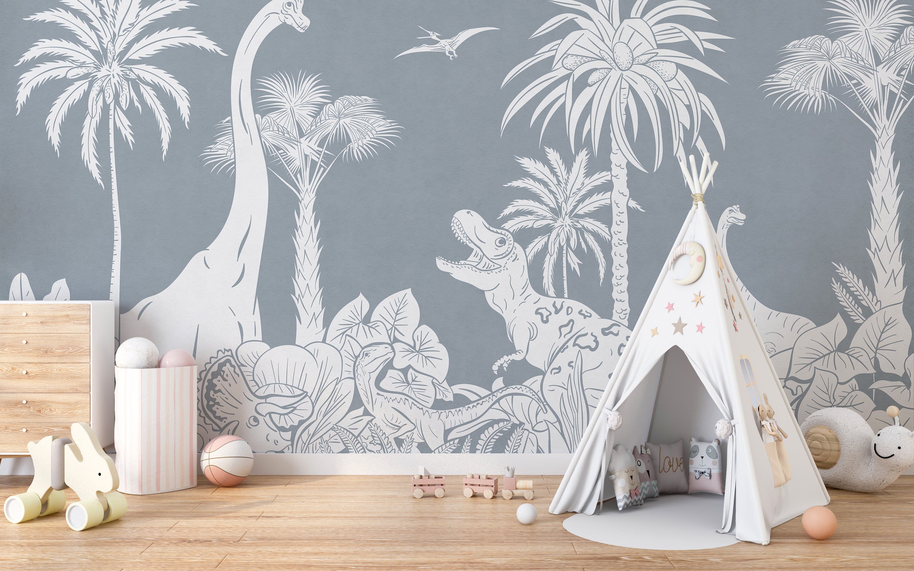 Dino-themed Monochrome Blue mural for dynamic interiors.
