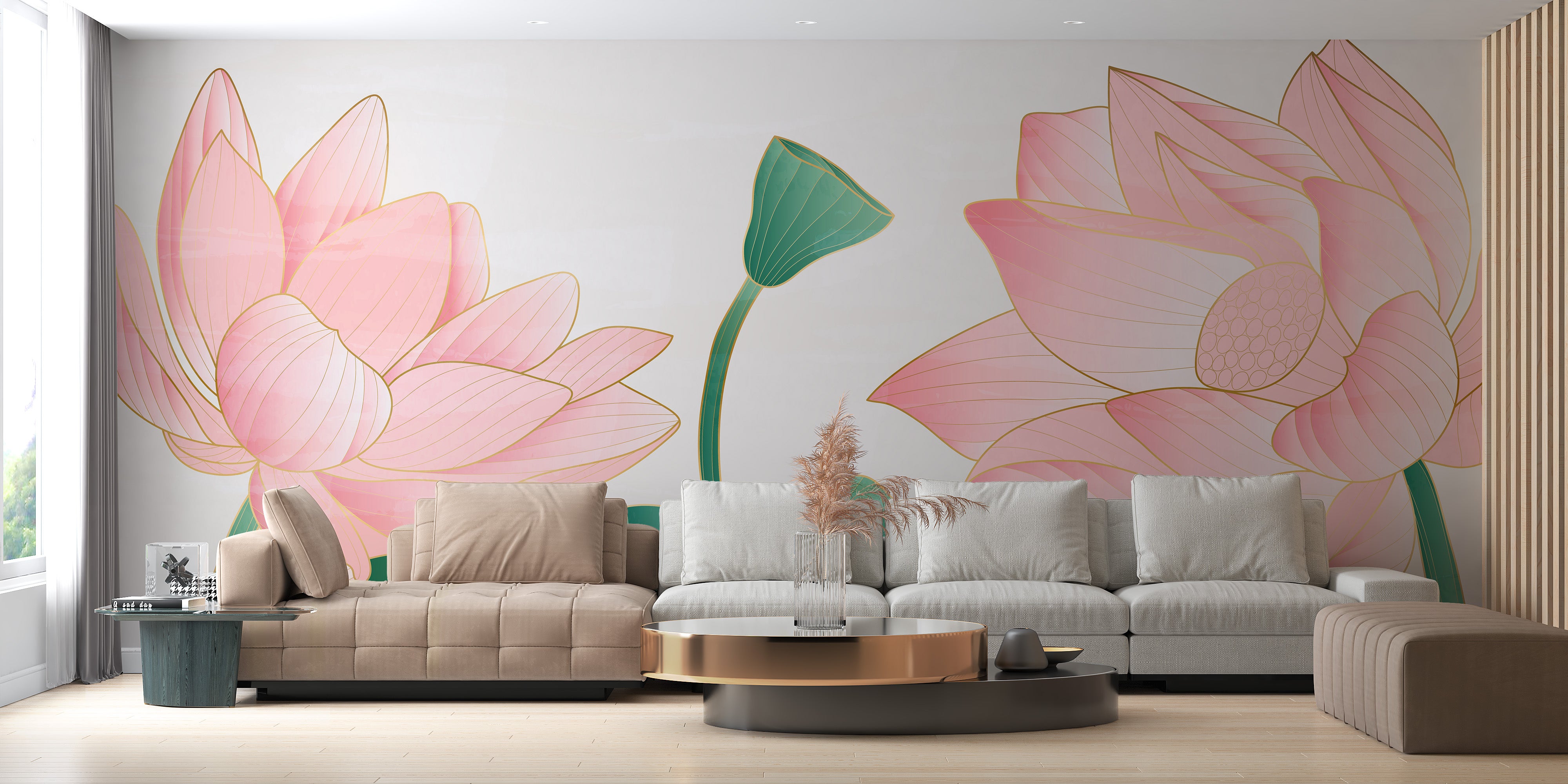 Bold golden pink wallpaper floral mural
