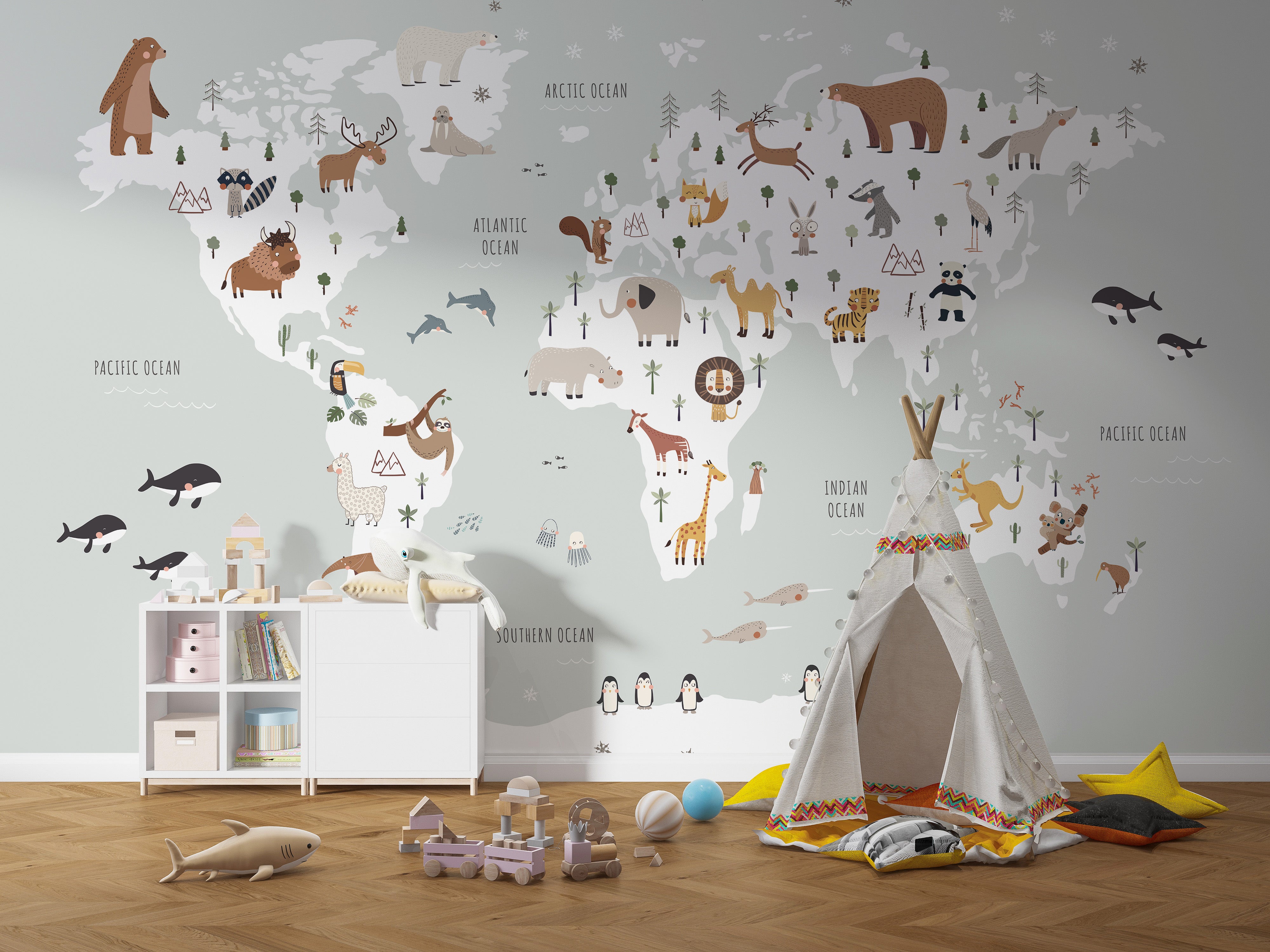 Big wall mural featuring animals and a detailed world map
