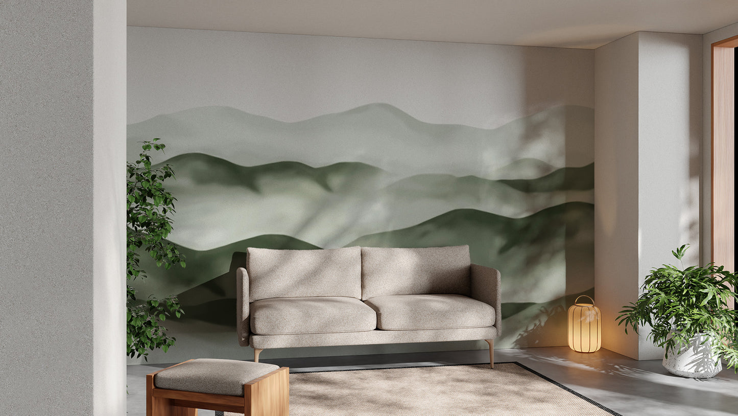 Artistic green mountain mural for tranquil room design
