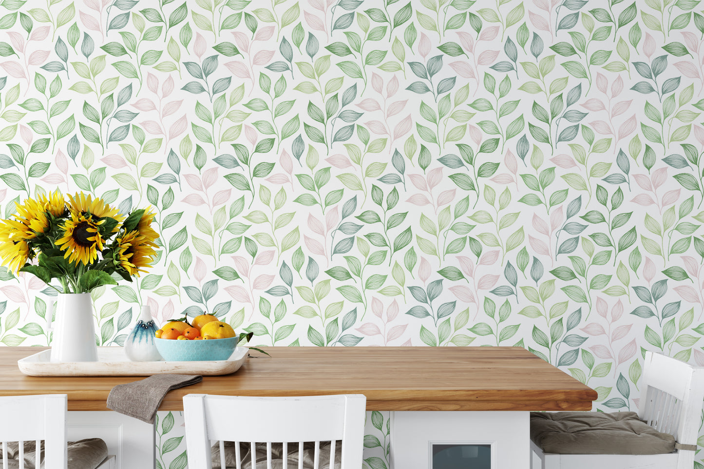 Pink and Green Color Leaves Repeat Pattern Wallpaper