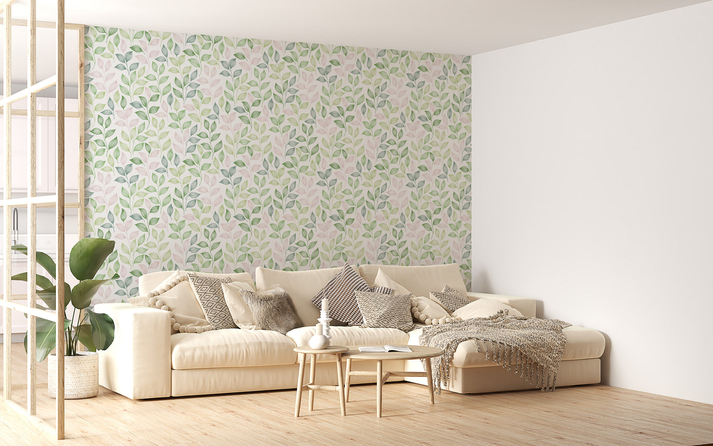 Pink and Green Color Leaves Repeat Pattern Wallpaper