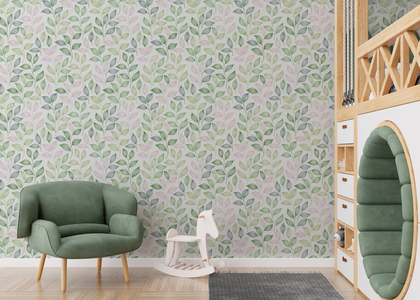 Pink and Green Color Leaves Repeat Pattern Wallpaper