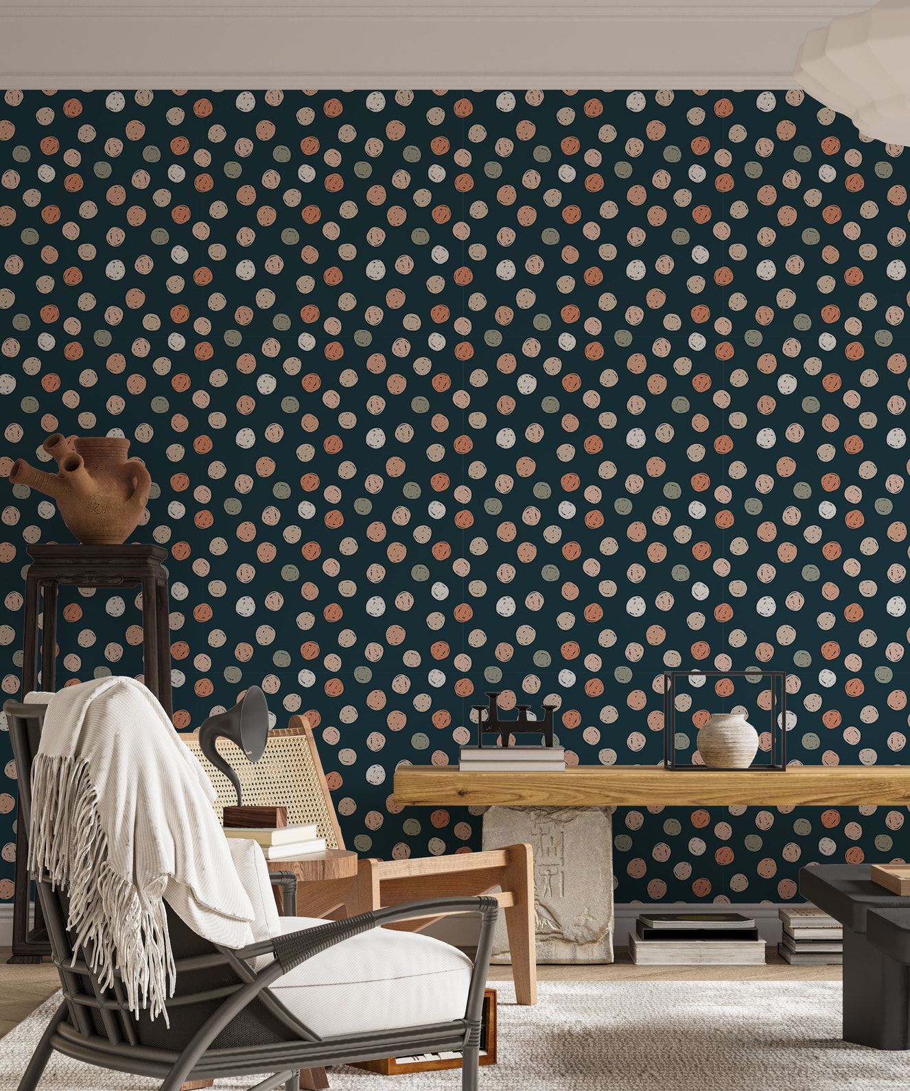 Dark Blue Abstract Pattern Irregular Polka Dots Wallpaper