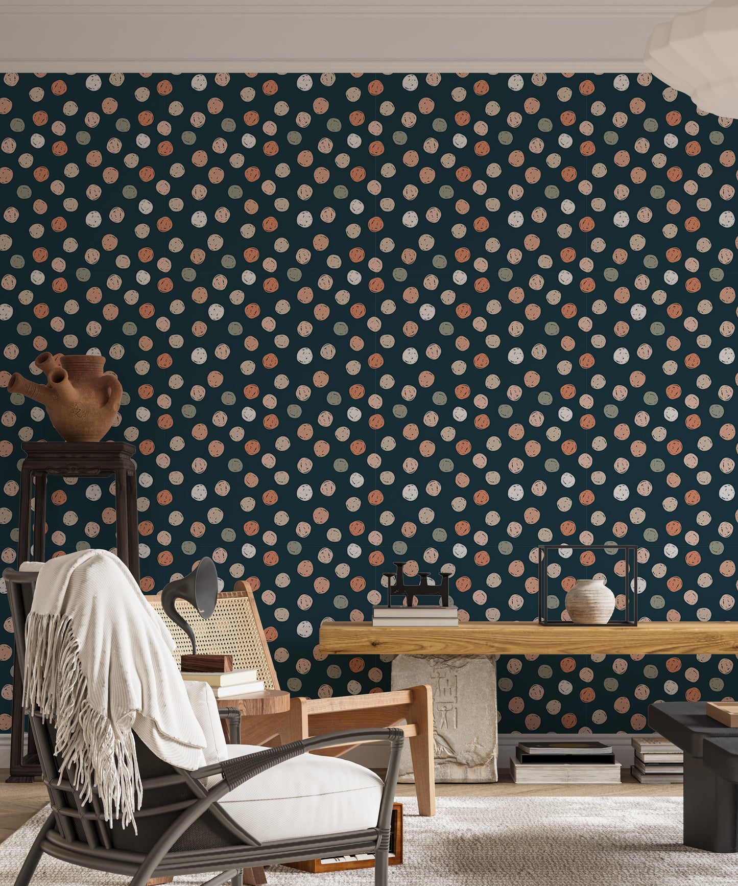 Dark Blue Abstract Pattern Irregular Polka Dots Wallpaper