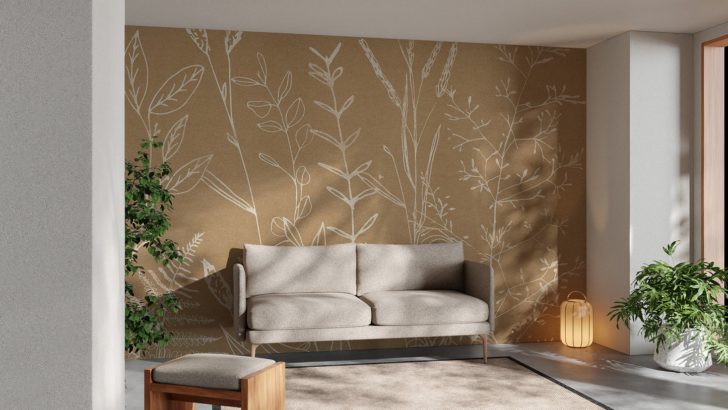 Tranquil beige botanical wallpaper for soothing spaces
