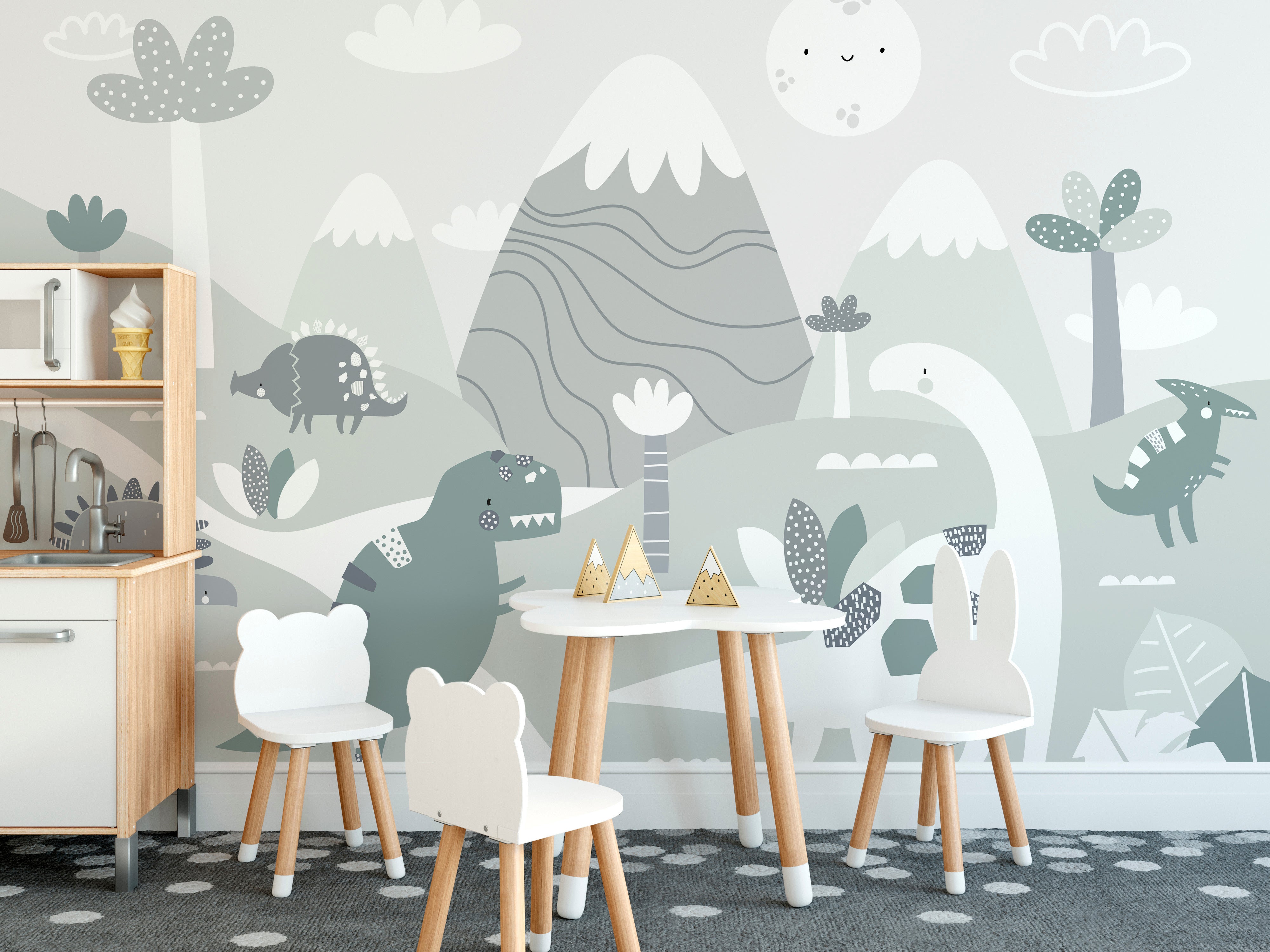 Vibrant dinosaur-themed kids mural