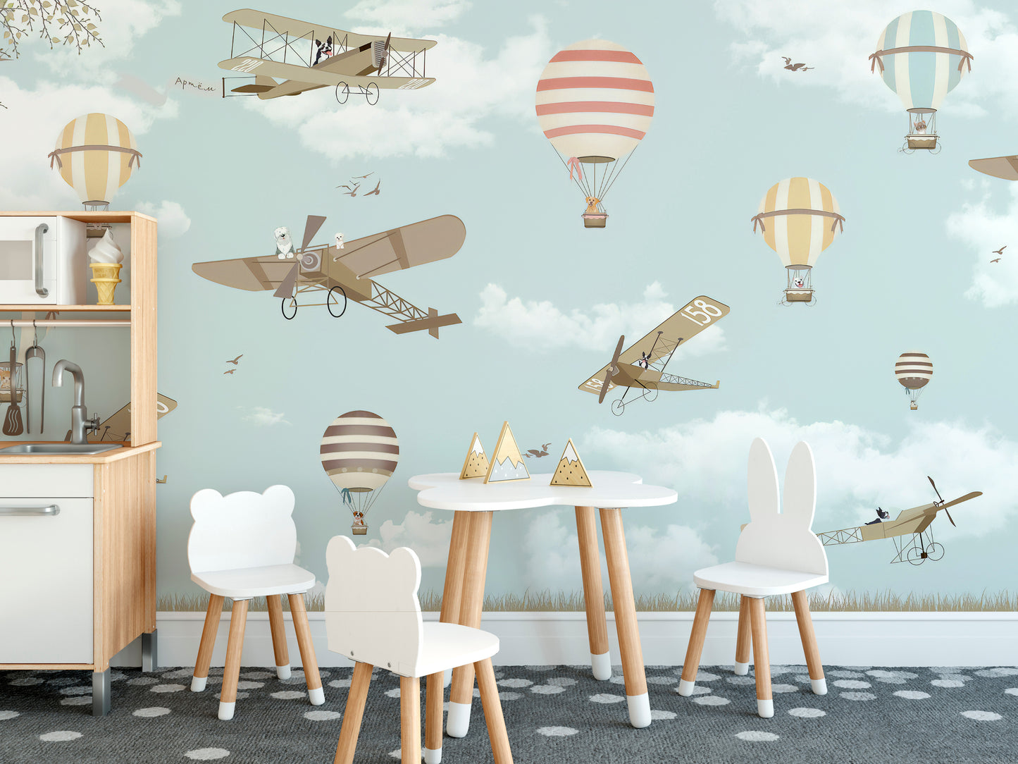 Scenic wallpaper with planes and balloons