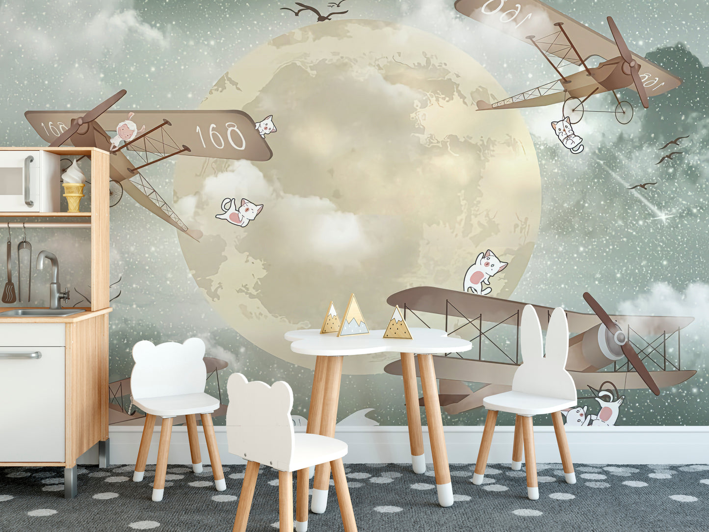 Kids mural with gliders under a starlit sky