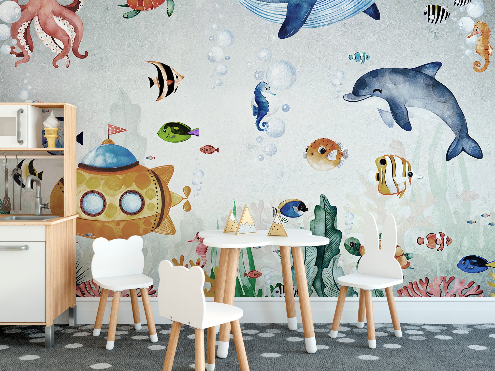 Vibrant marine mural with underwater creatures