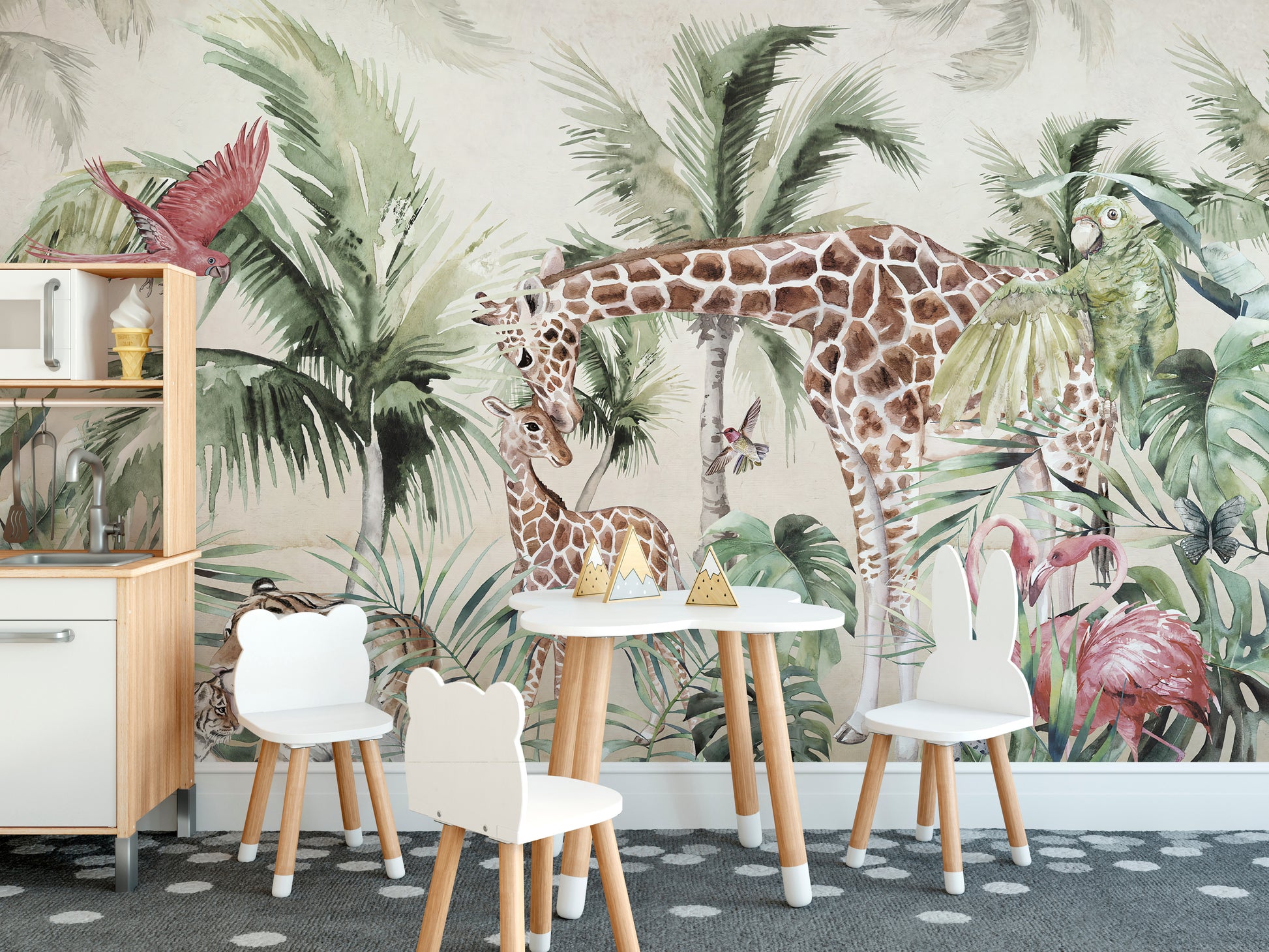 Giraffe and tiger mural in lush forest setting