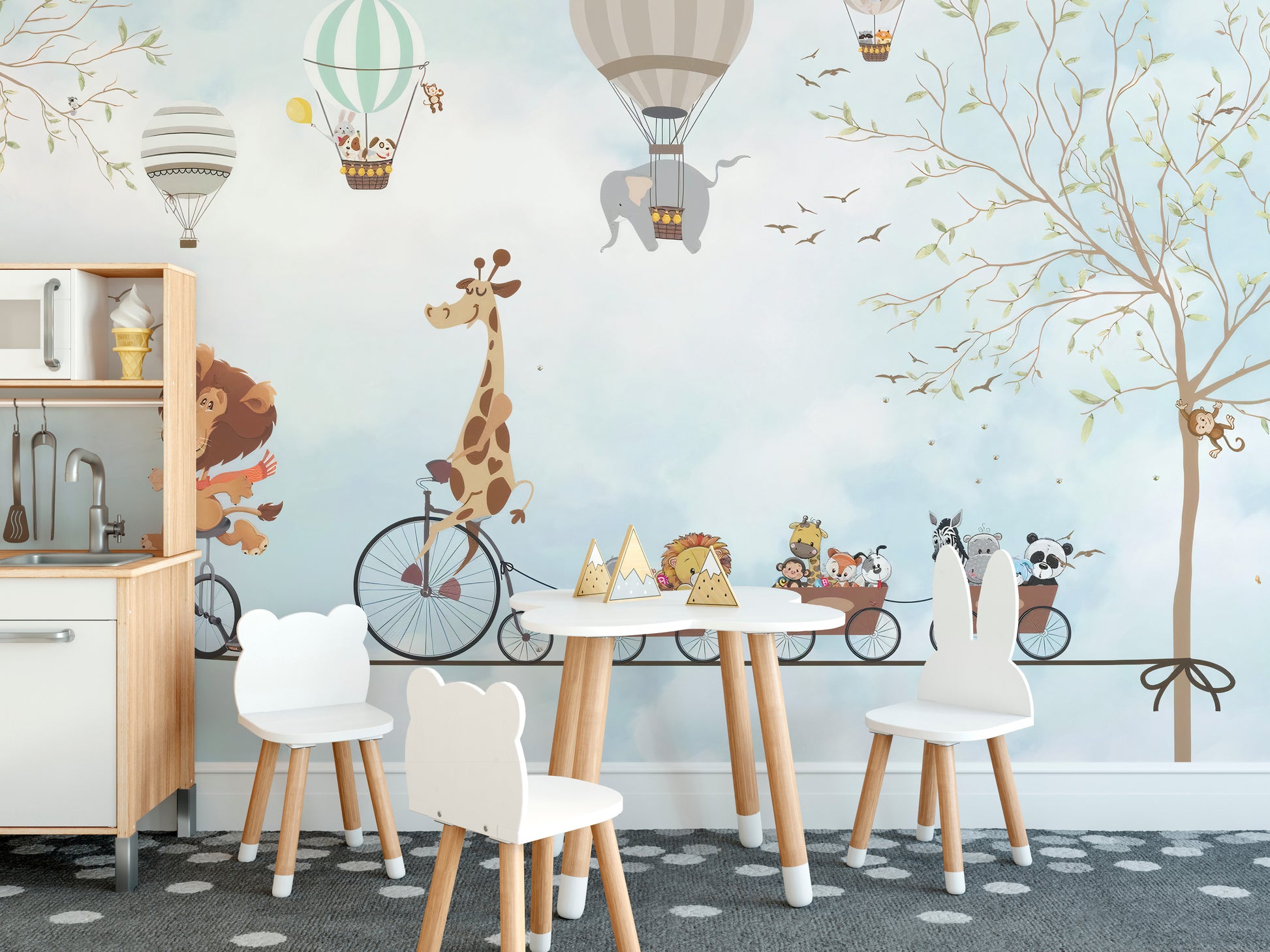 Animal acrobatics-themed mural for kids' walls
