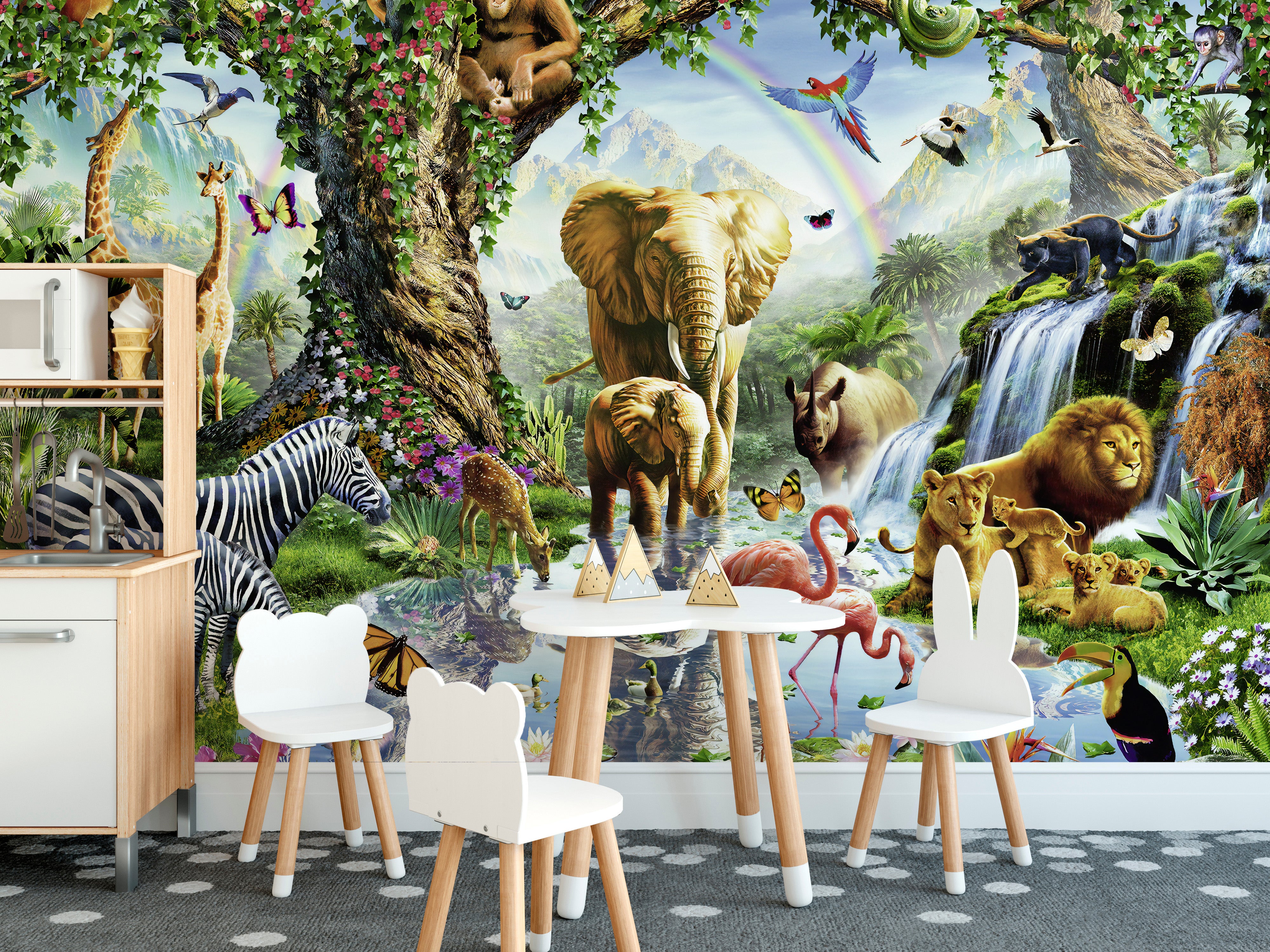 3D wallpaper with colorful jungle animals
