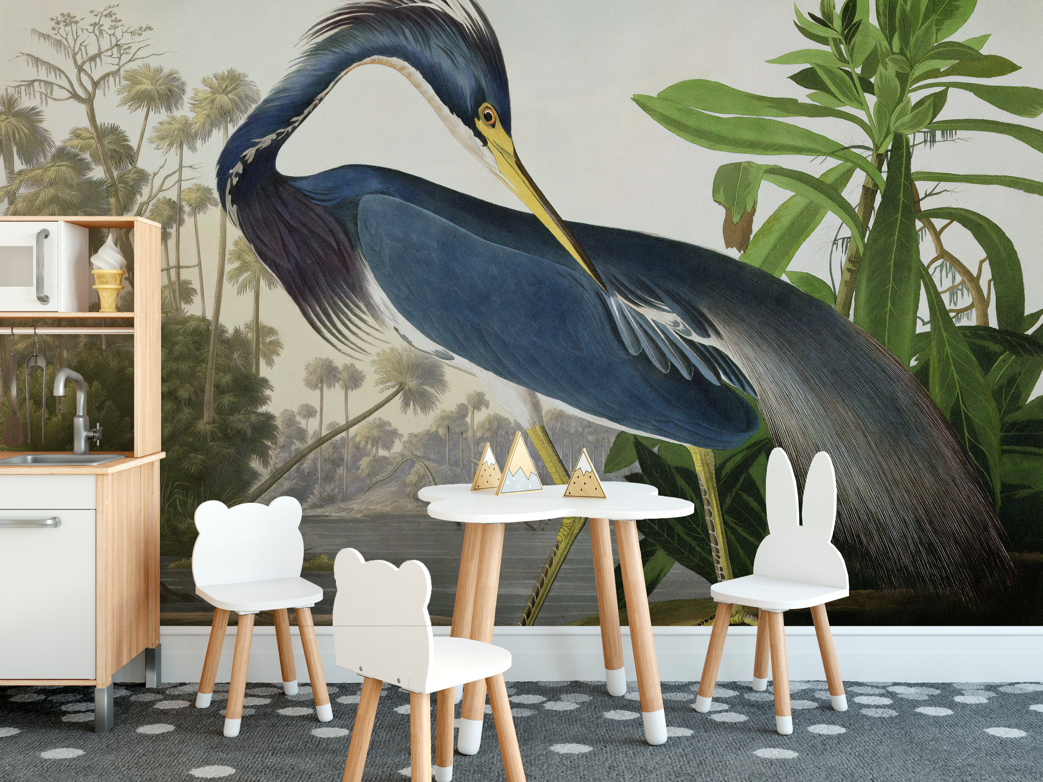 Artistic heron watercolor mural design
