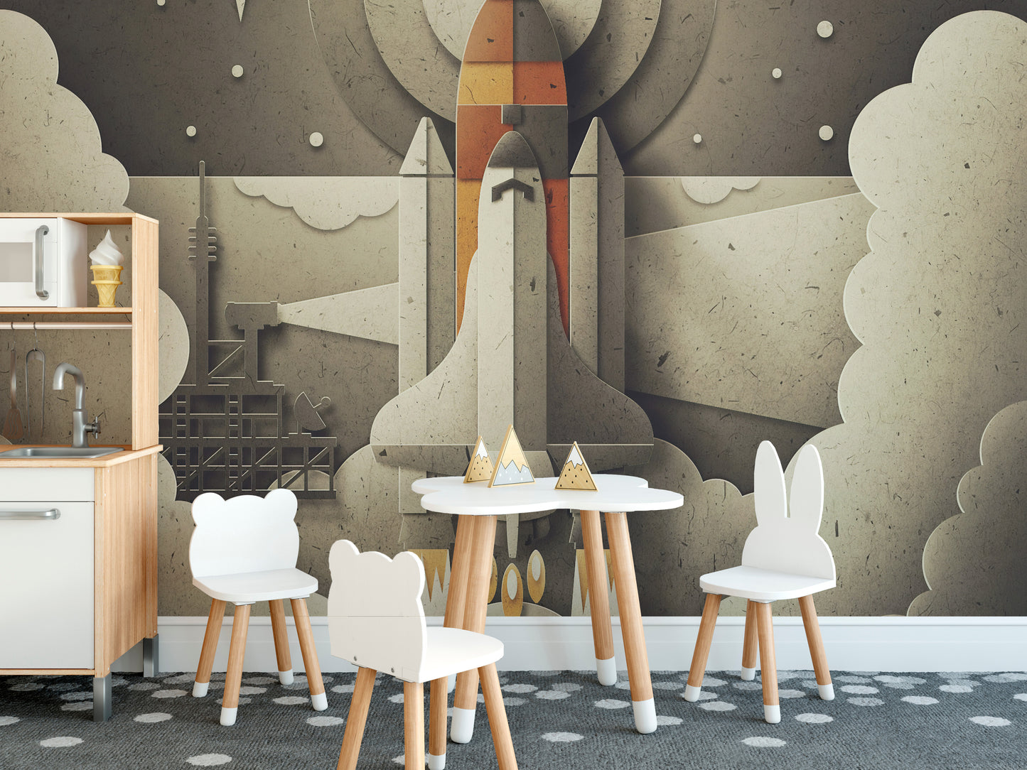 Space adventure wallpaper for children’s walls
