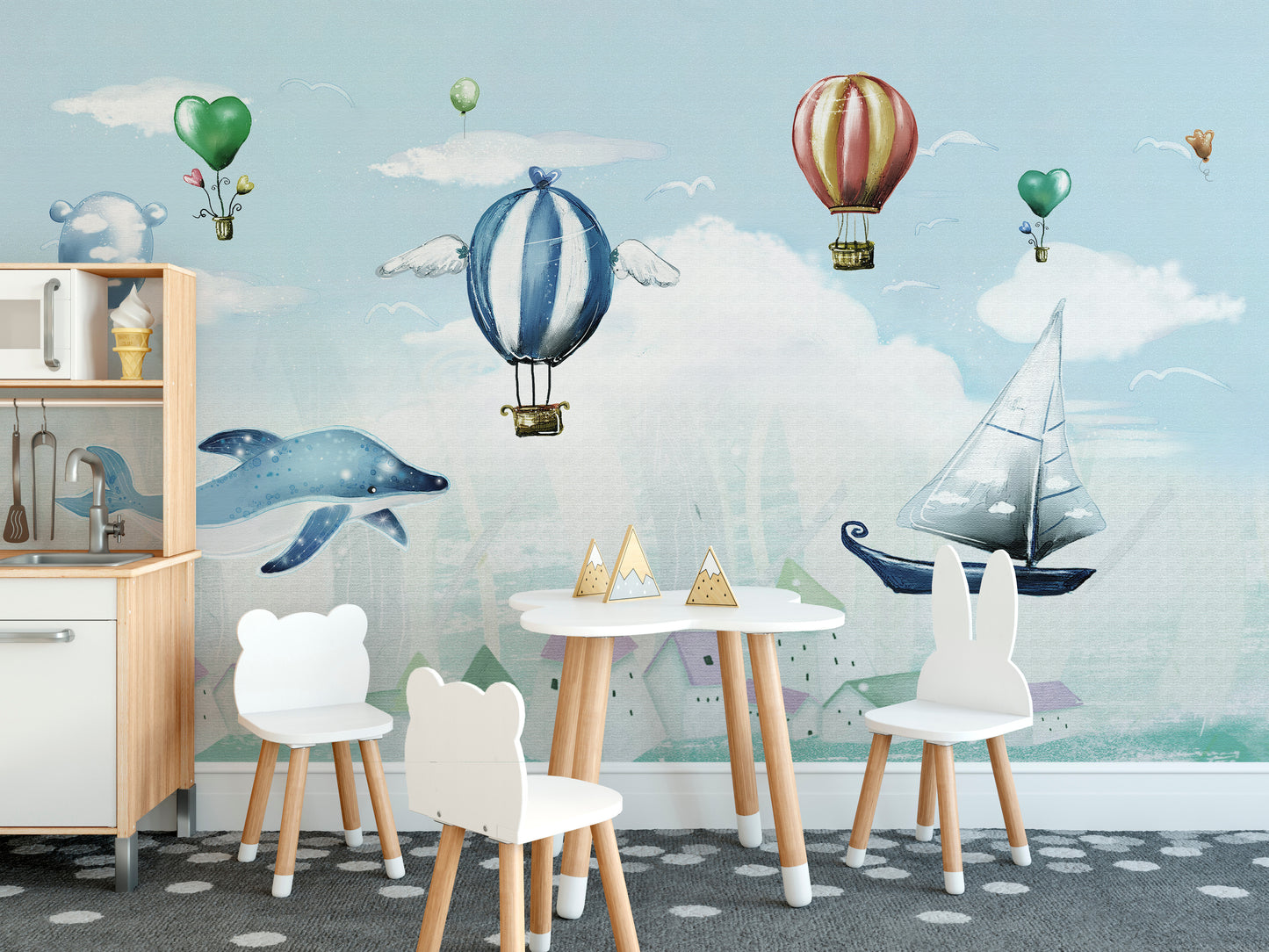 Whimsical hot air balloon wallpaper for kids
