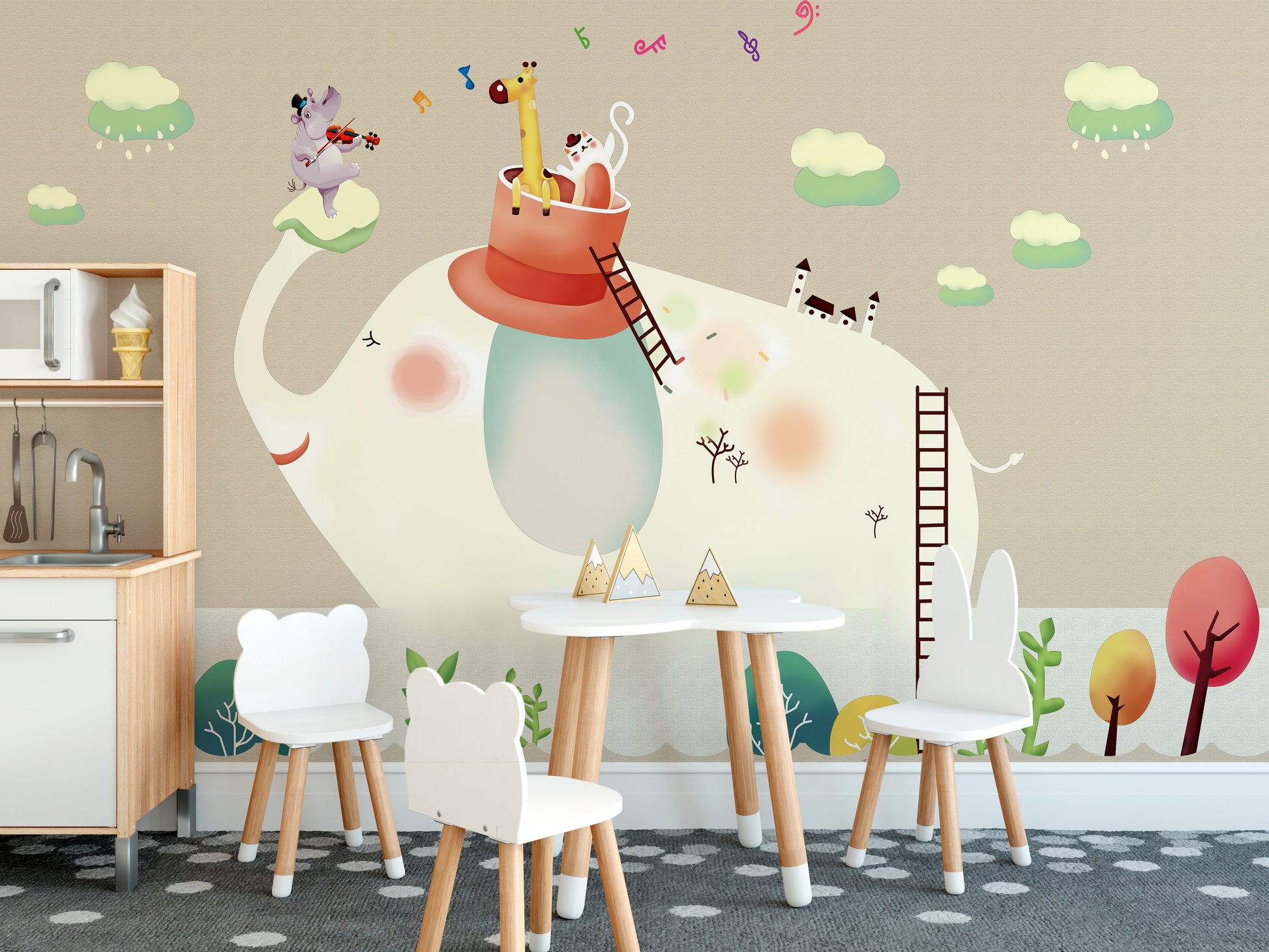 Playful elephant design for kids' rooms.
