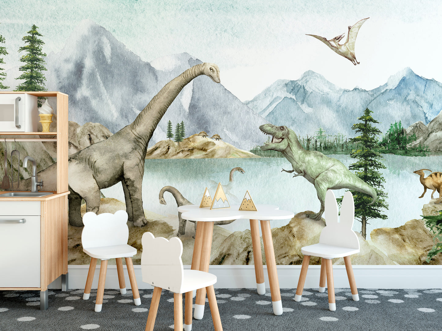 Lake mural featuring majestic dinosaurs in the Jurassic era.
