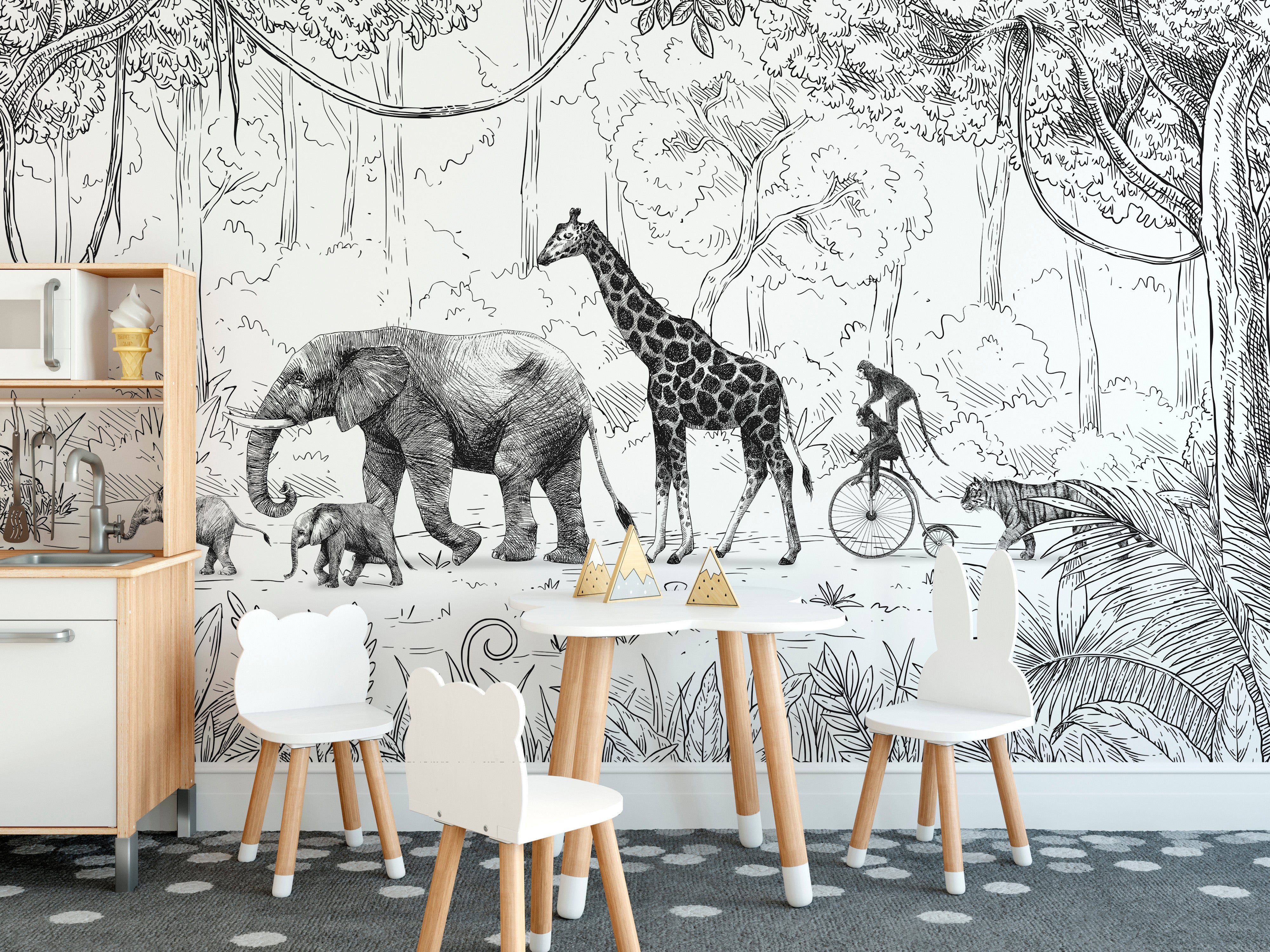 Monochrome Animal Parade mural for timeless wall decor.
