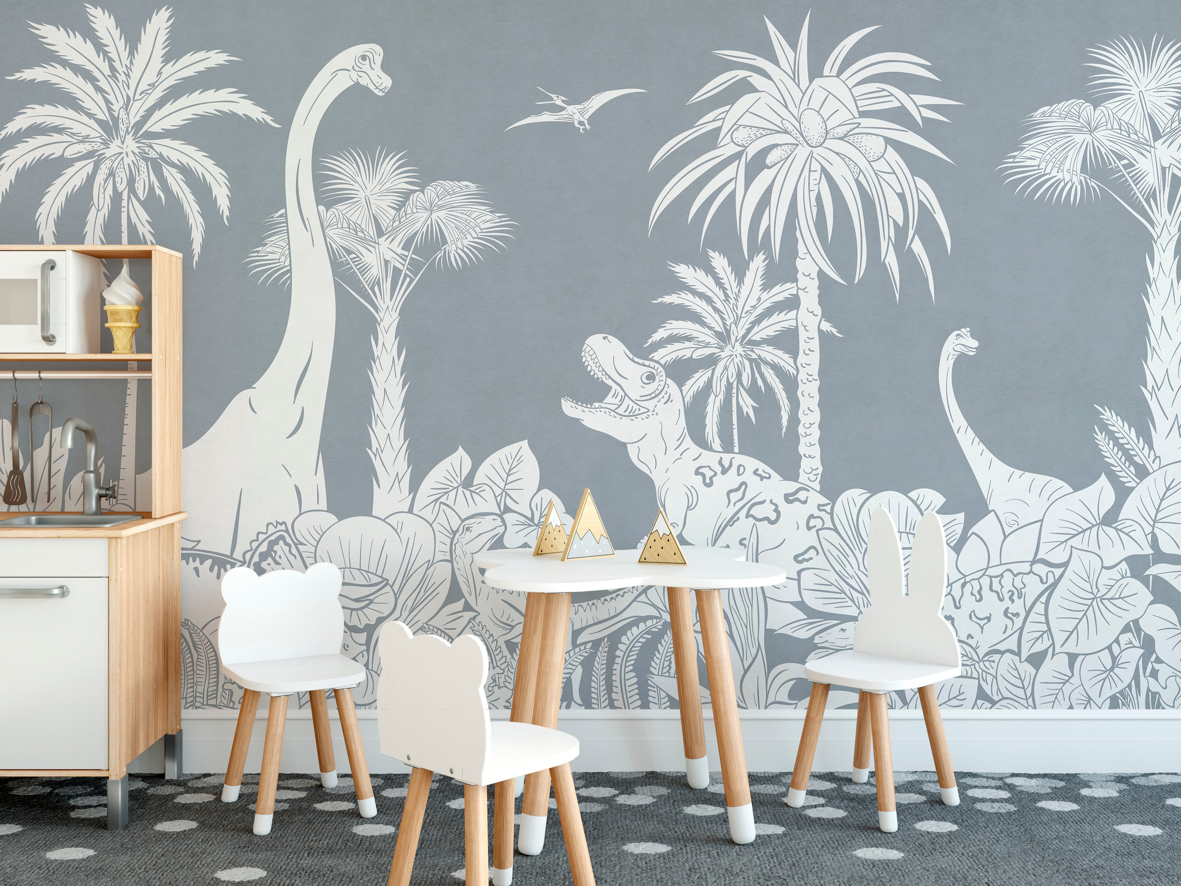 Fun Monochrome Dino Blue mural for adventurous spaces.