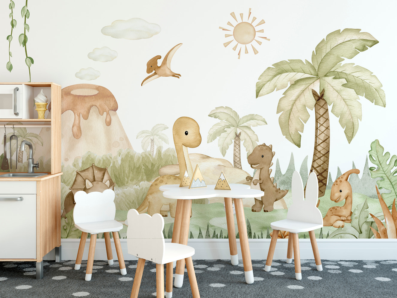 Adorable wall mural featuring cute baby dinosaurs
