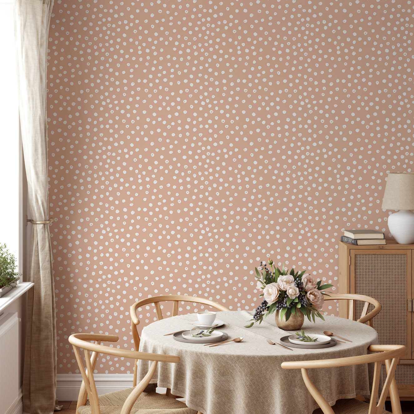 Beige and white brush polka dots abstract wallpaper.
