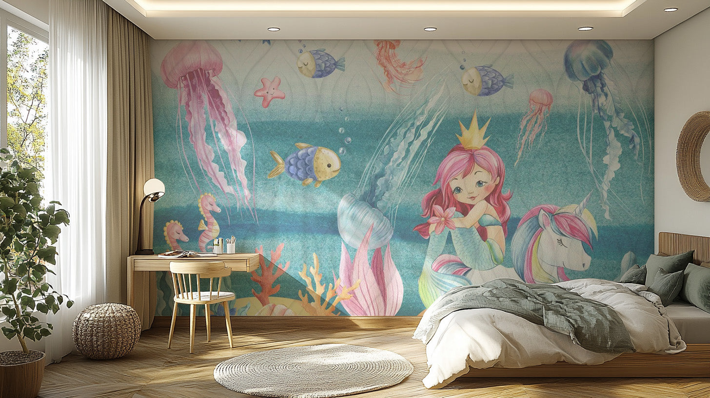 Colorful mermaid kingdom wallpaper mural for kids' spaces
