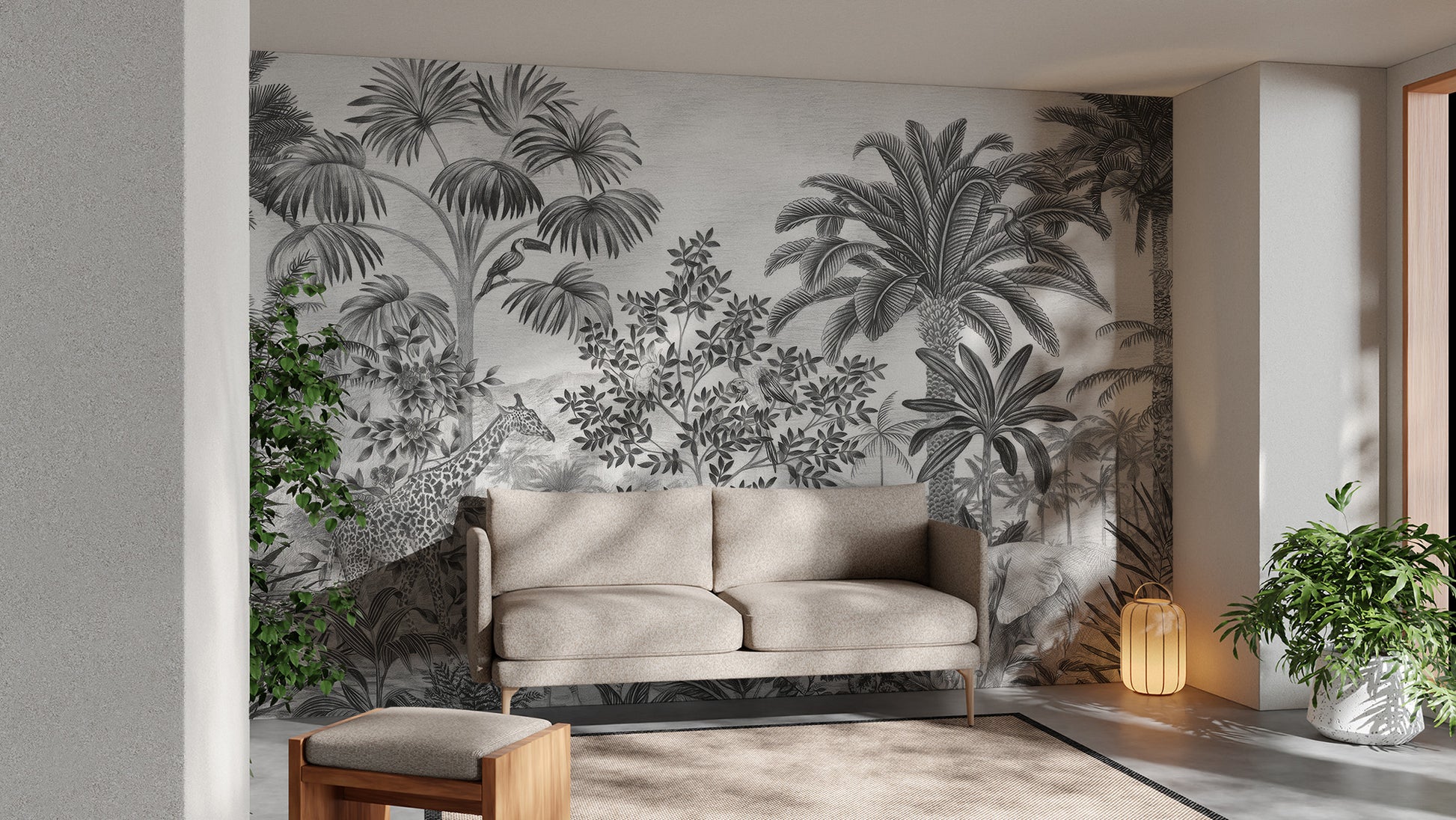 Dramatic monochrome tropical safari mural for bold designs