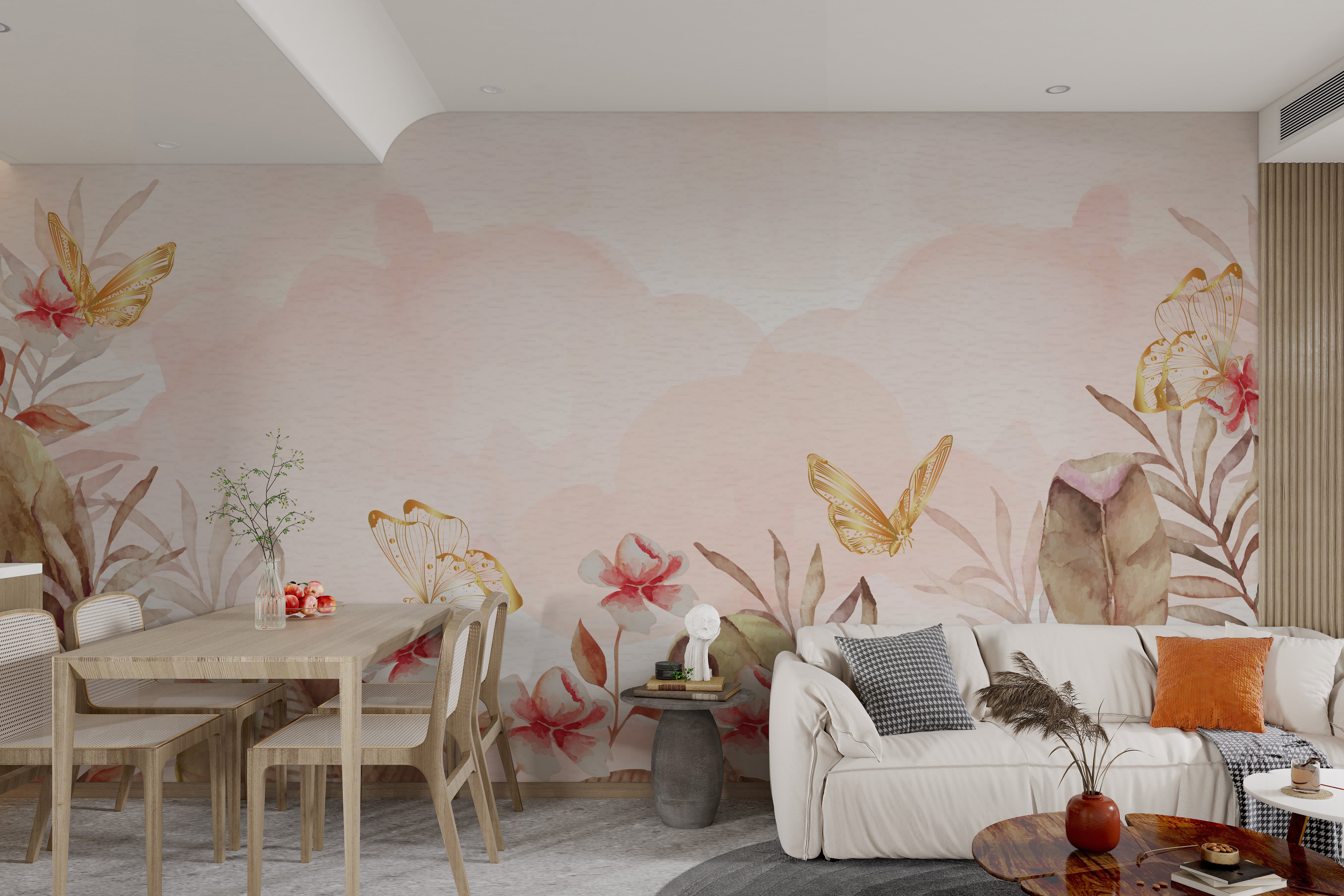 Watercolor floral wallpaper with soft earth tones
