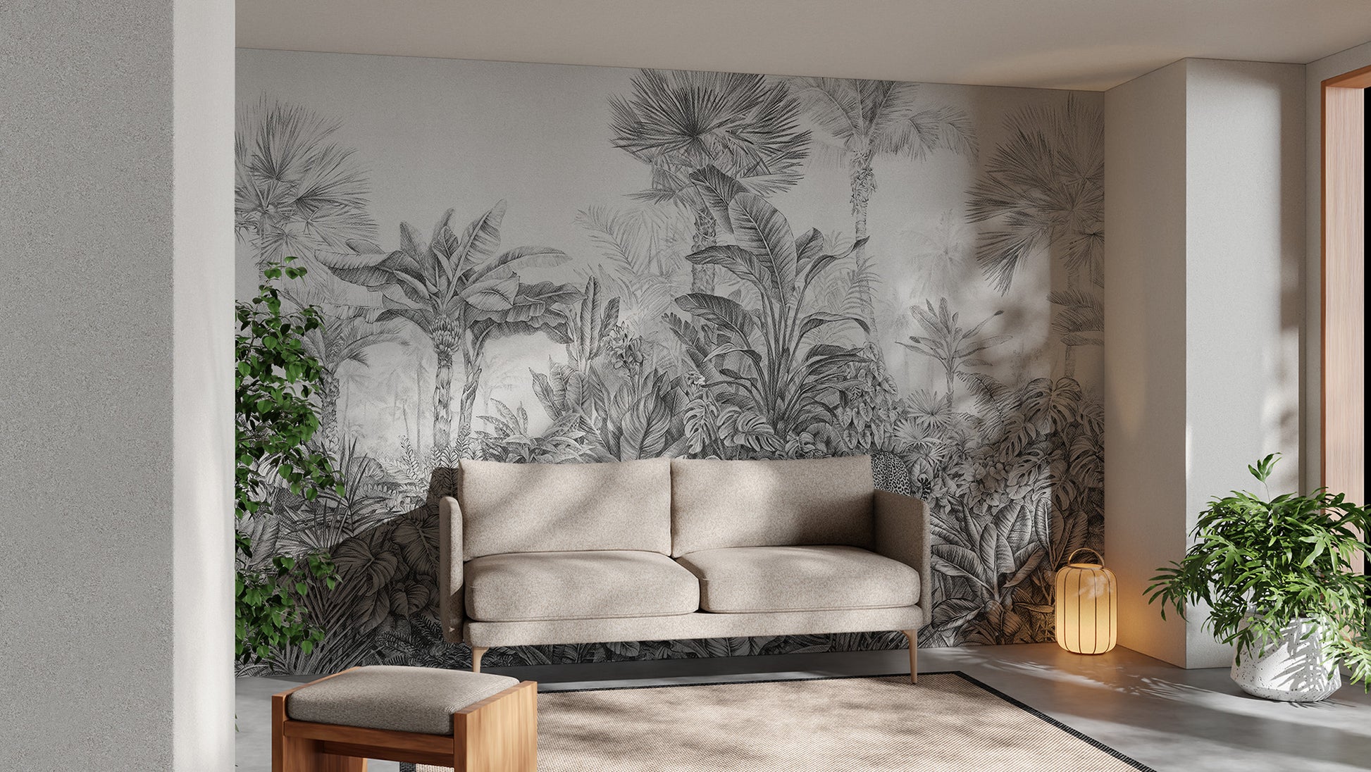 Unique grey jungle wallpaper with tropical leopard design