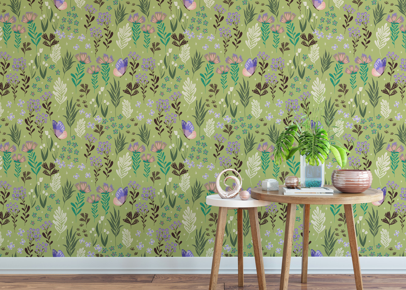 Green wallpaper featuring a whimsical butterfly meadow design
