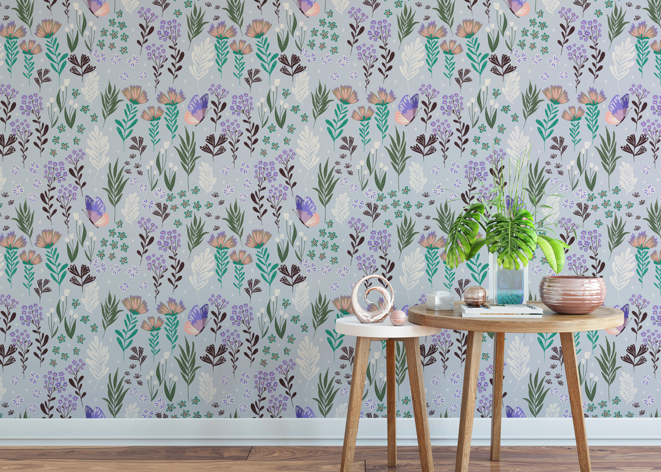 Purple wallpaper featuring a whimsical butterfly meadow design
