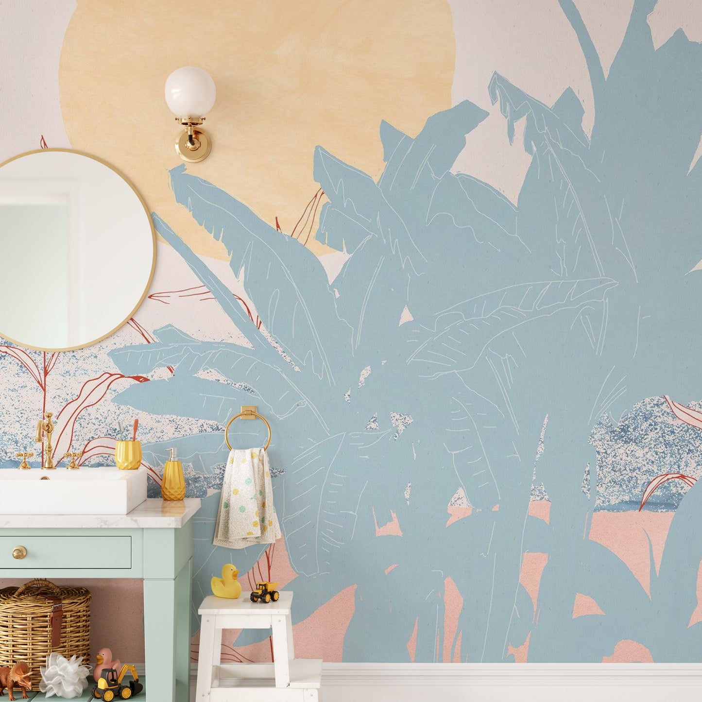 Vibrant Miami moon tropical mural for bold room decor
