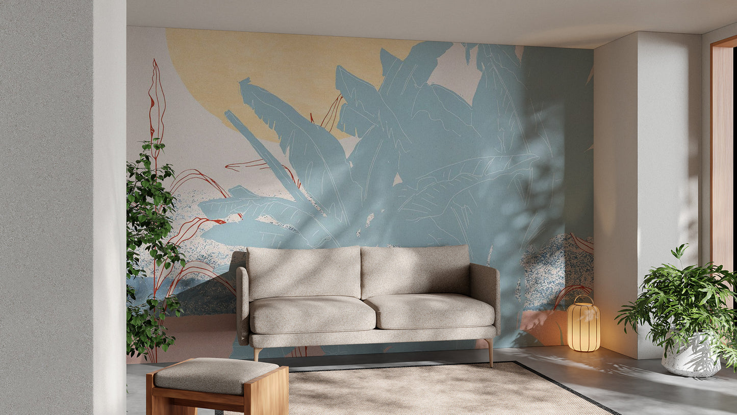 Elegant tropical wall mural with a Miami moon design