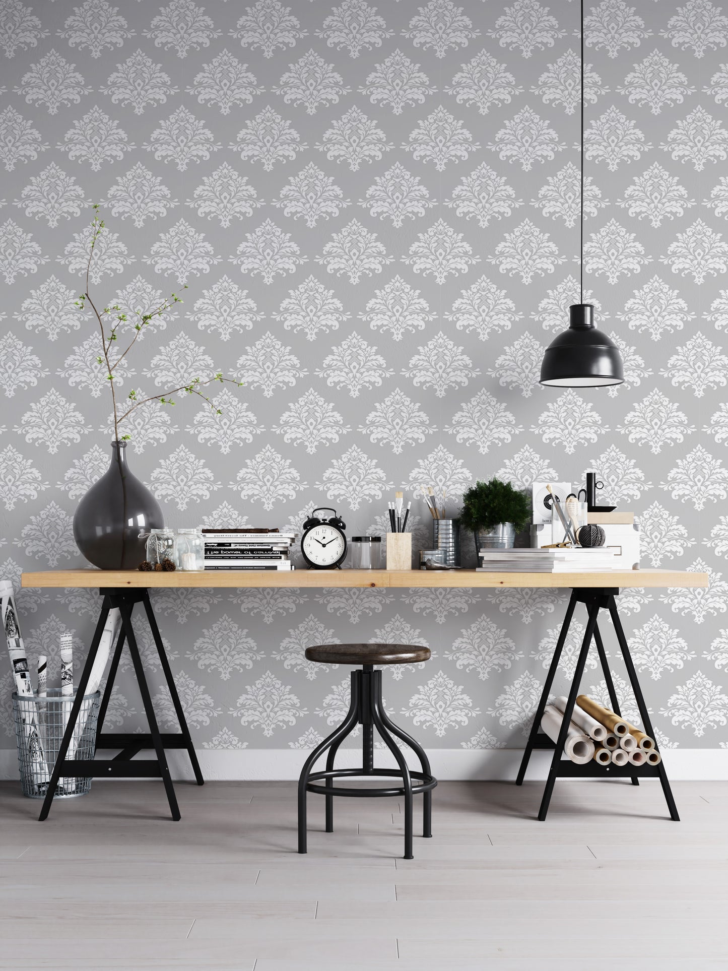 Vintage Grey Damask Wallpaper