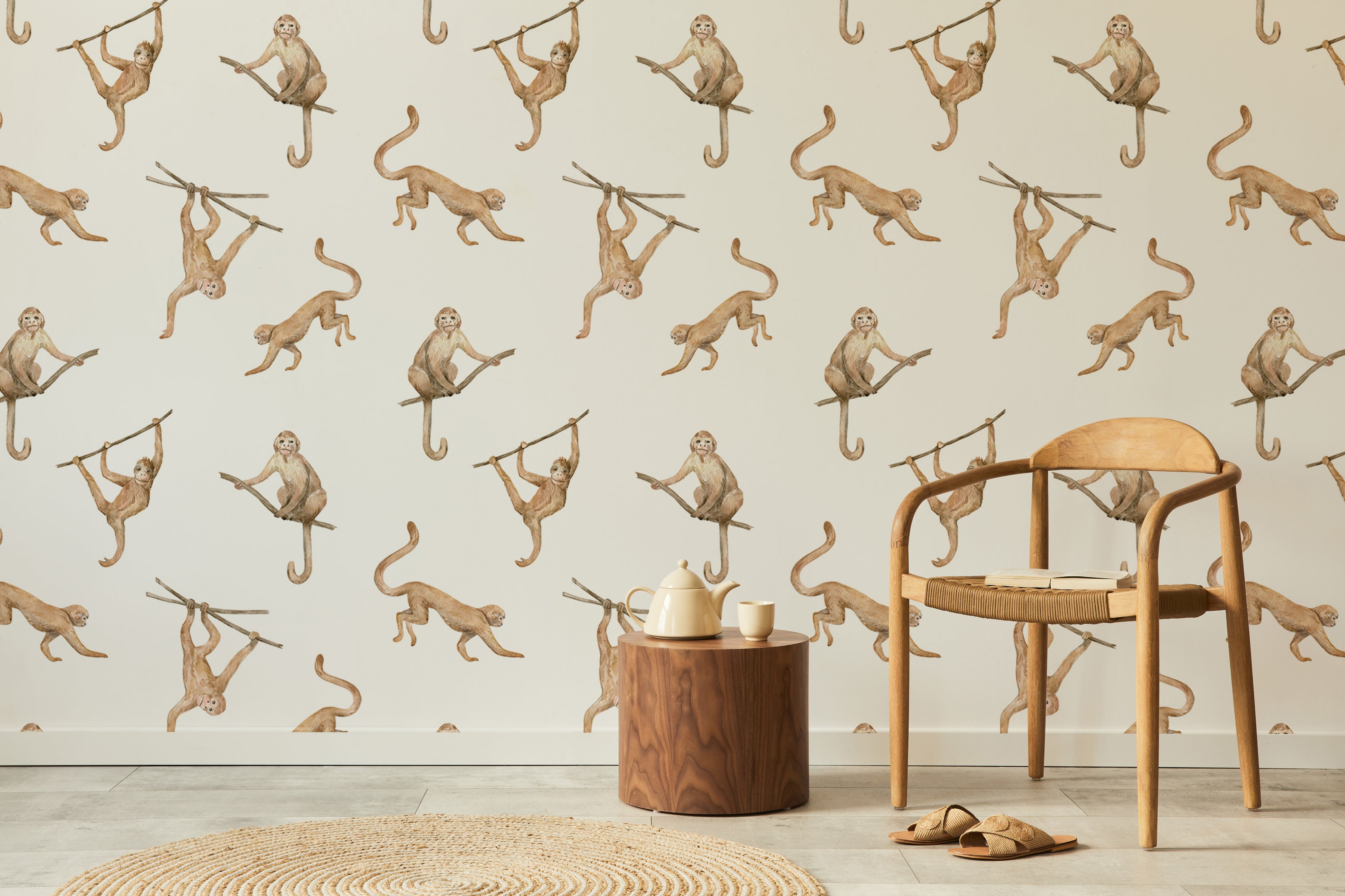 Colorful monkey repeat pattern wallpaper for fun interiors