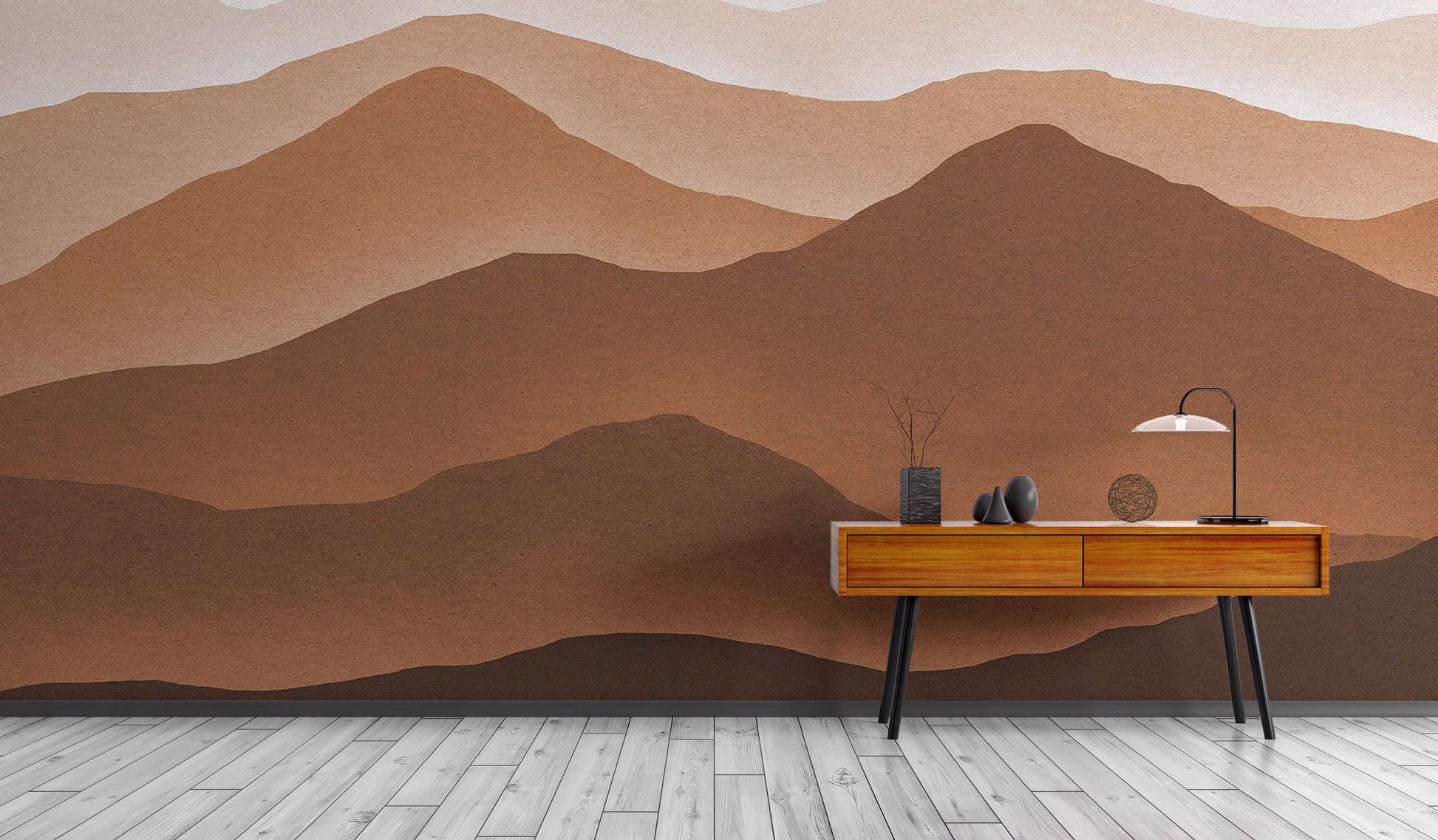 Artistic brown mountain mural with watercolor design
