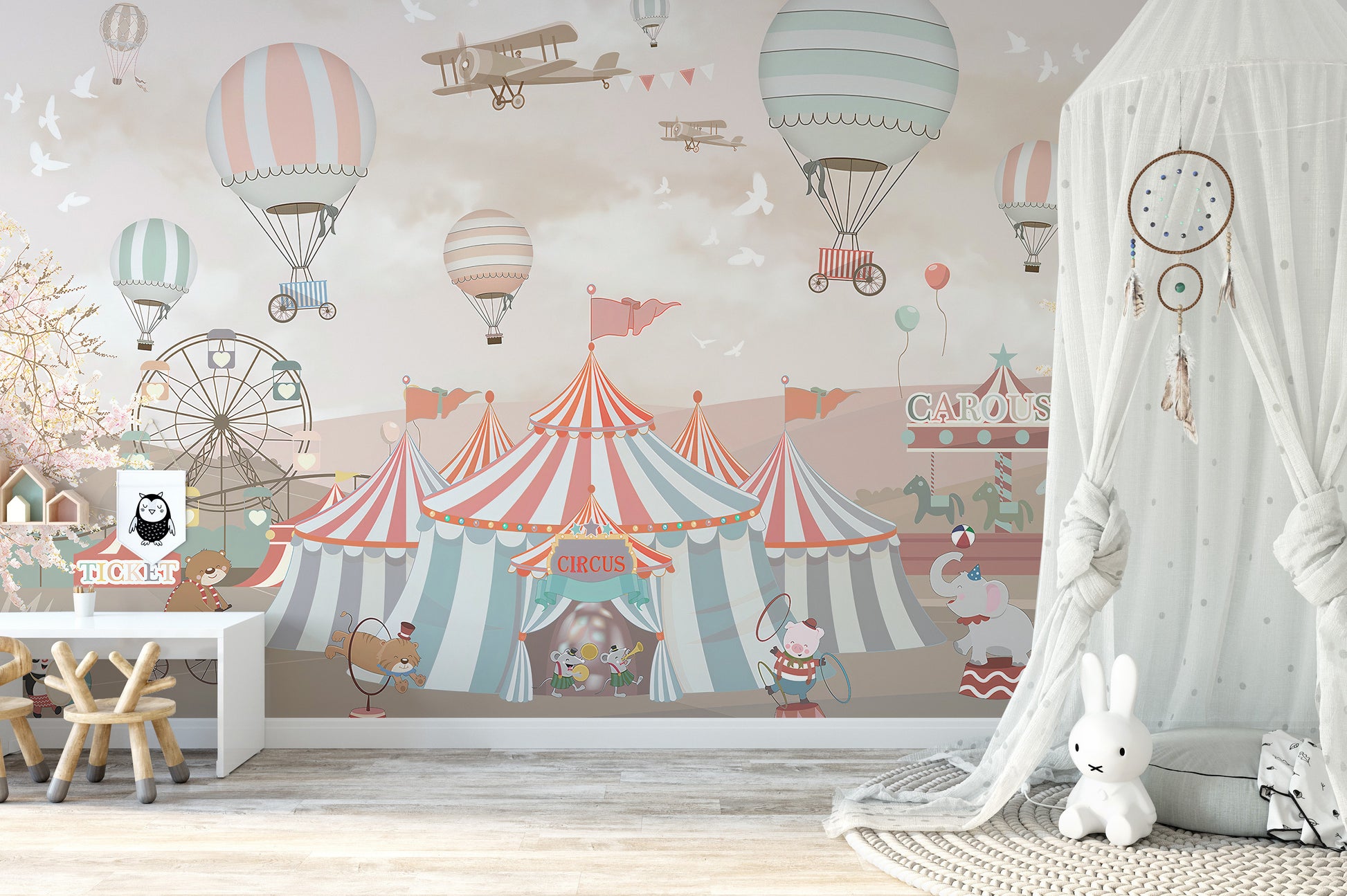 Whimsical pink circus mural for lively walls