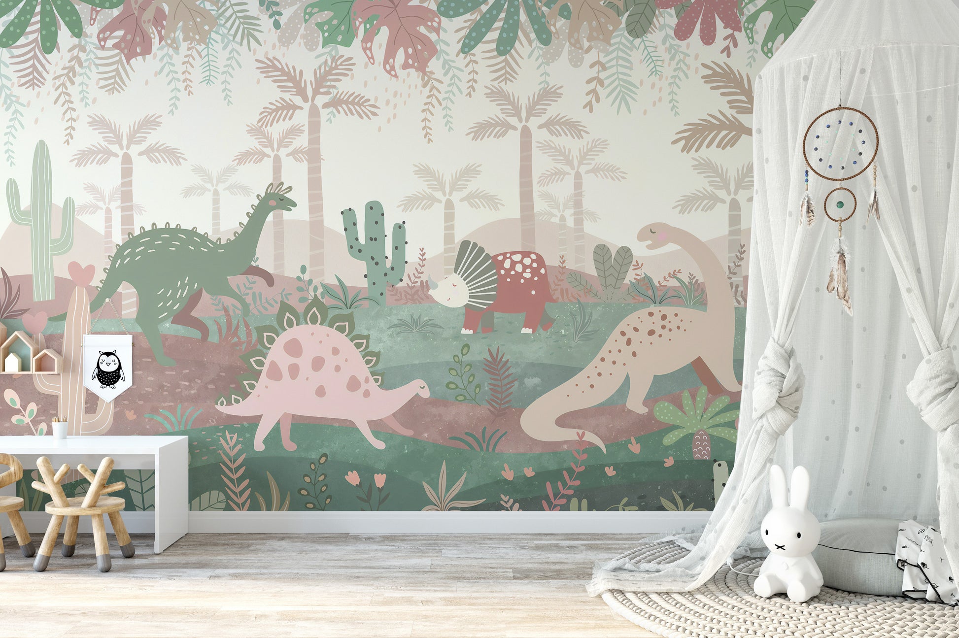 Playful pastel dinosaur mural 