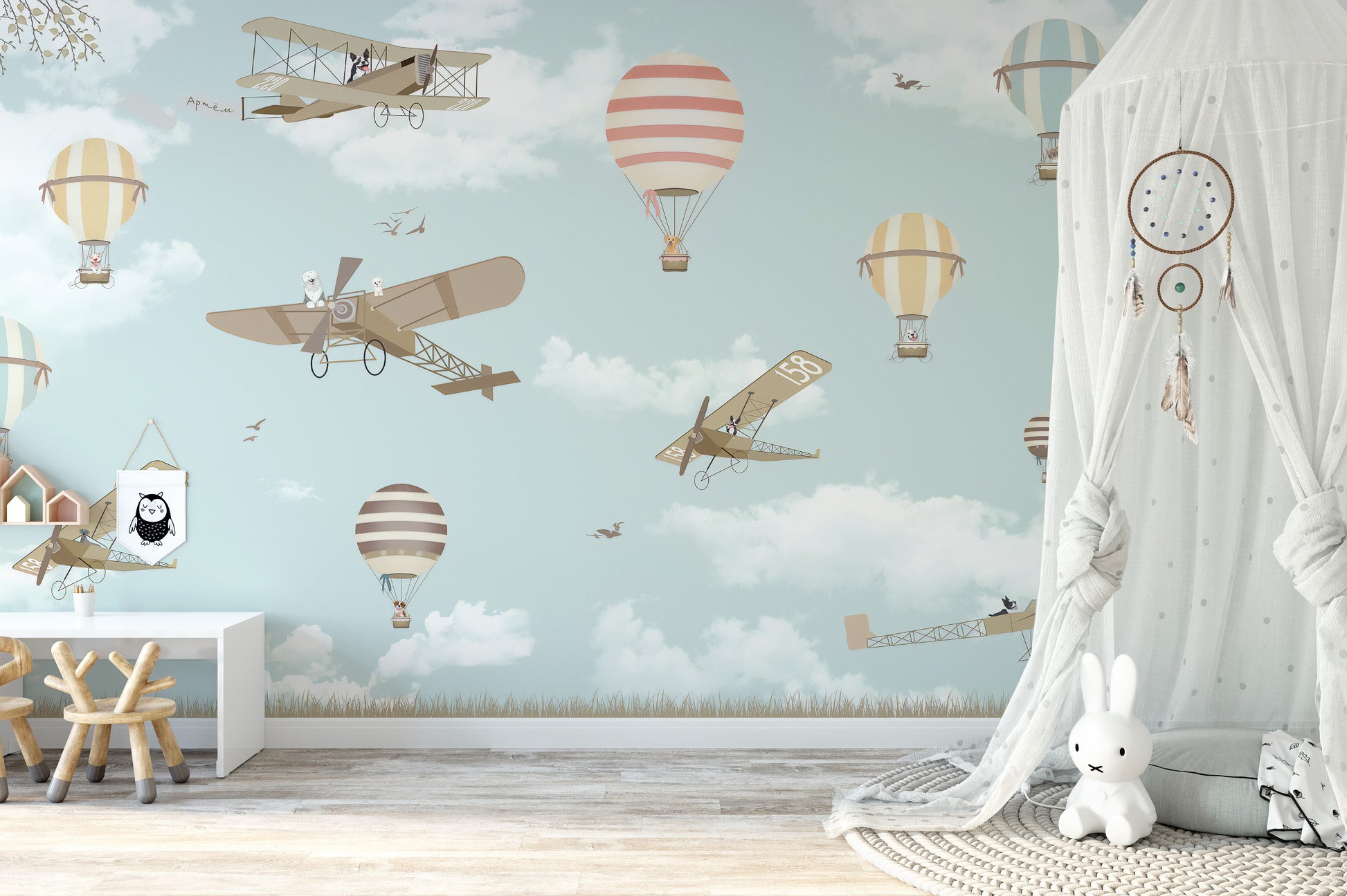 Hot air balloon mural featuring airplanes