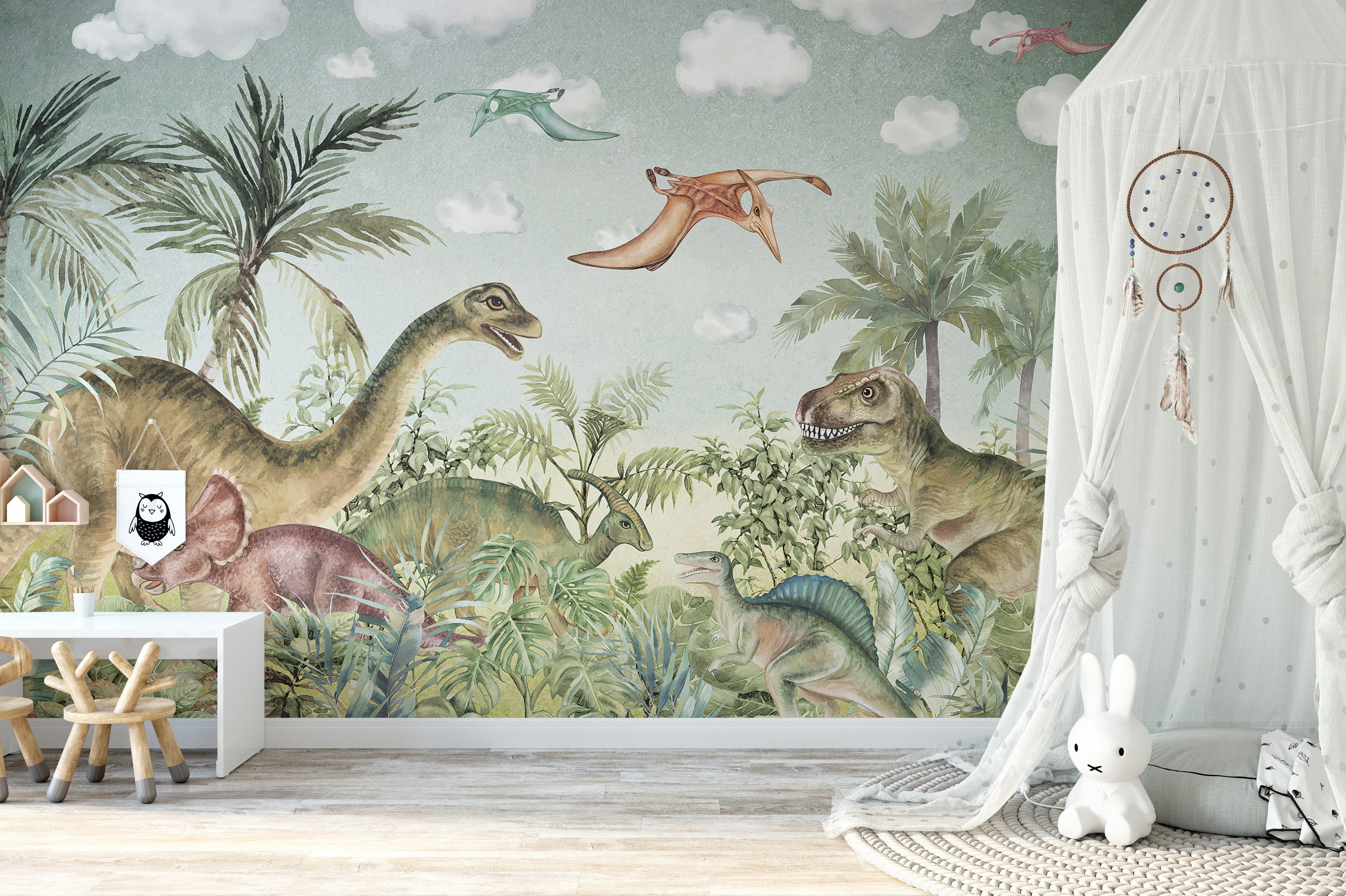 Prehistoric mural with iconic Jurassic animals