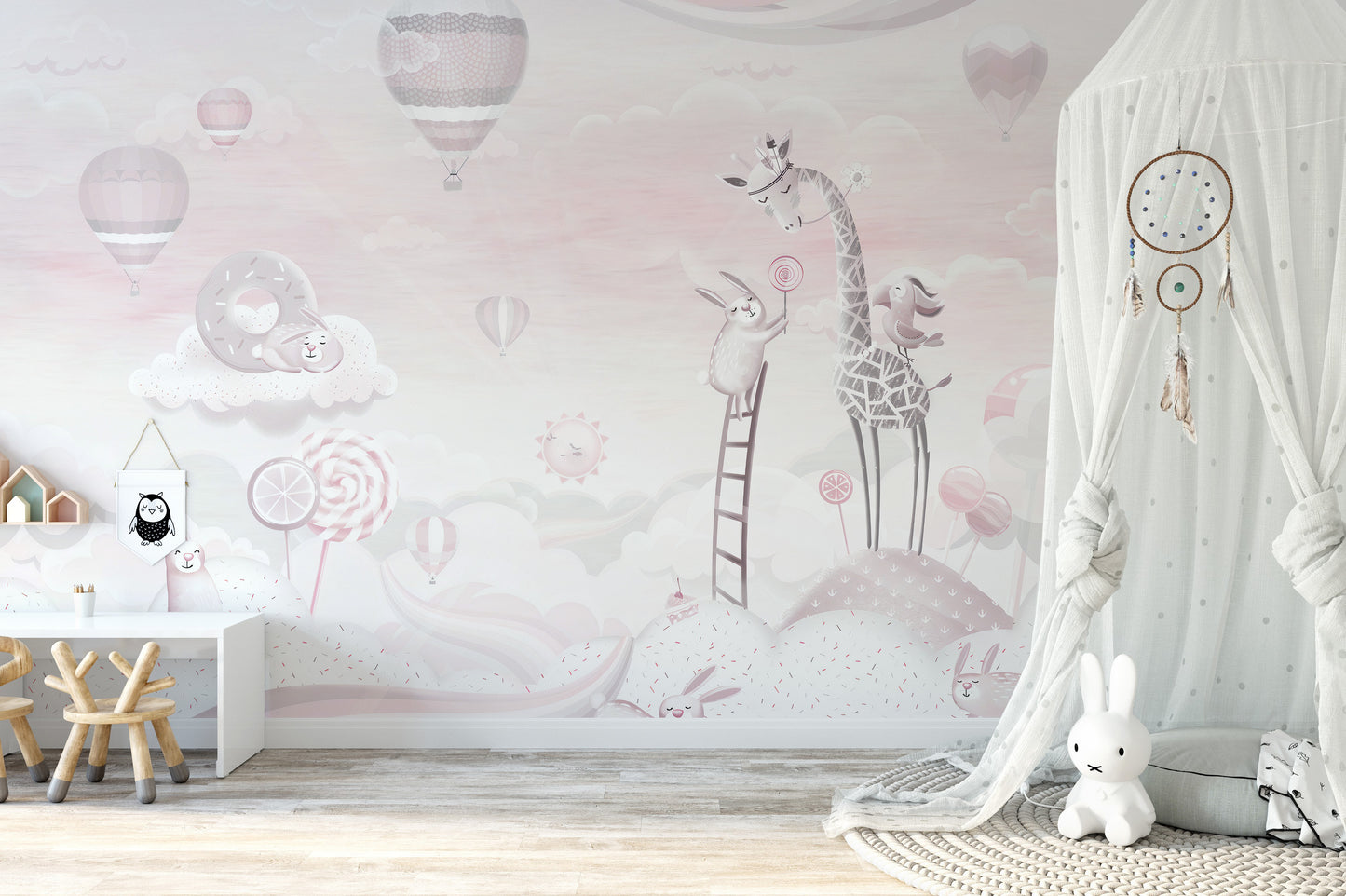 Kids space wallpaper with pink cartoons
